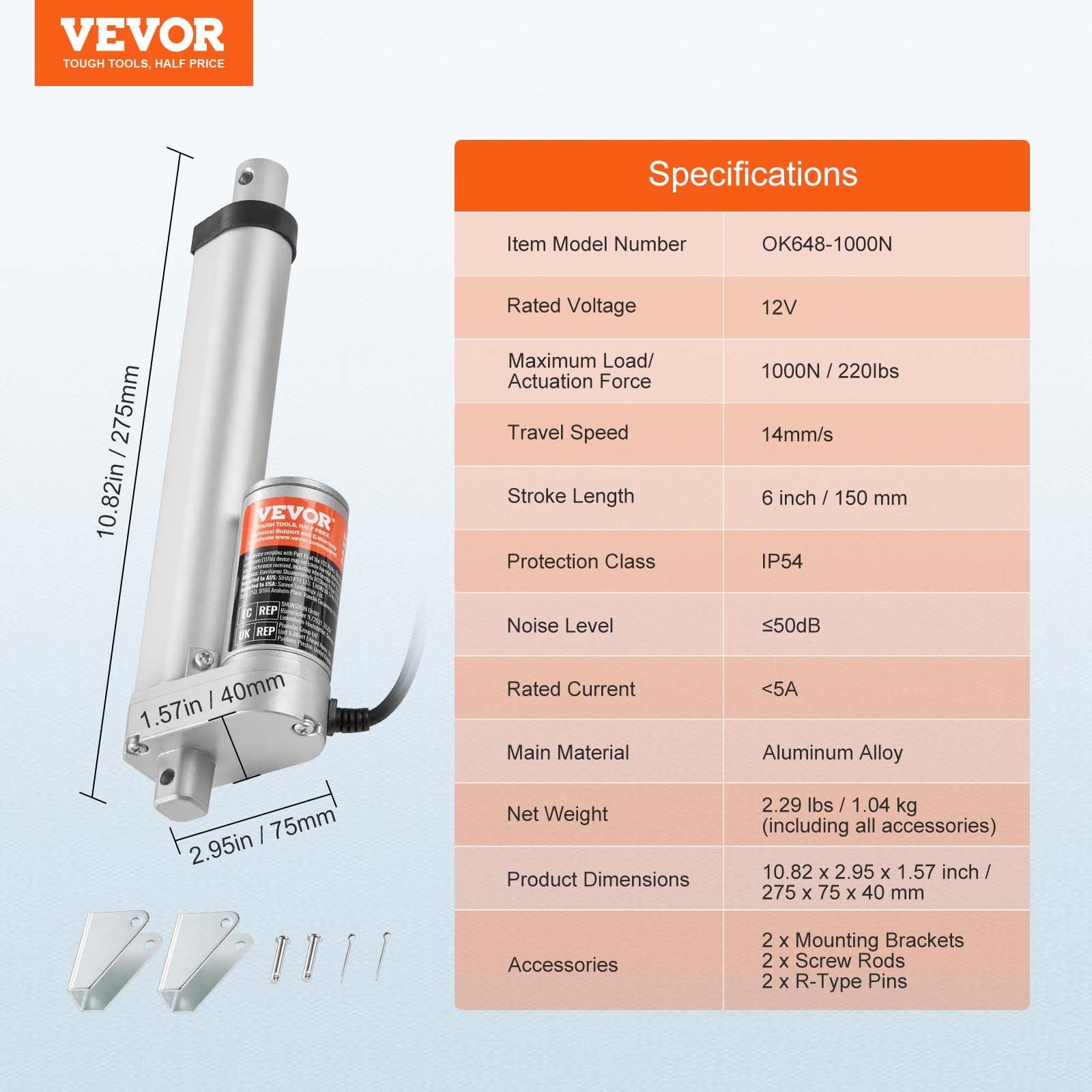 12V Linear Actuator 6 Inch High Speed 0.55"/s 1000N with Bracket IP54