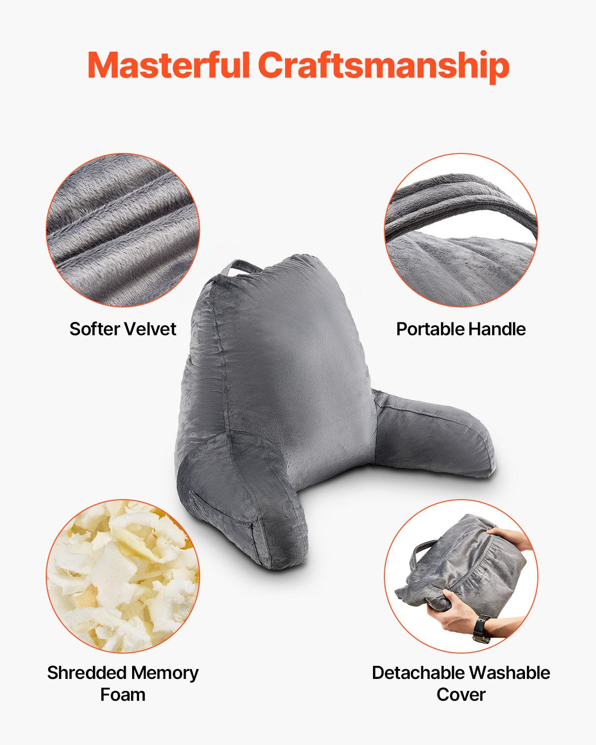 Reading Pillow Large Size Shredded Memory Foam 3 Pockets Handle Washable Grey
