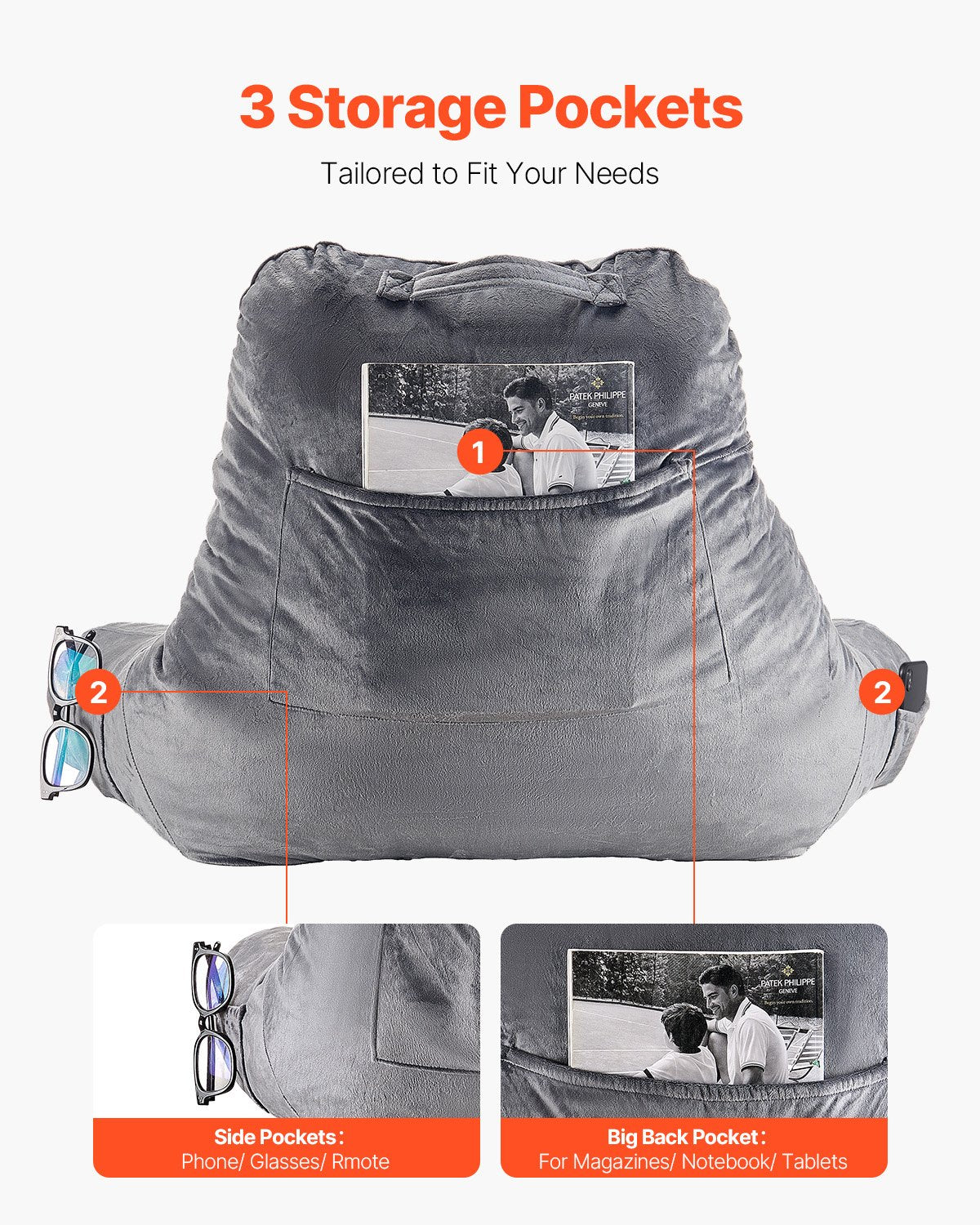Reading Pillow Large Size Shredded Memory Foam 3 Pockets Handle Washable Grey
