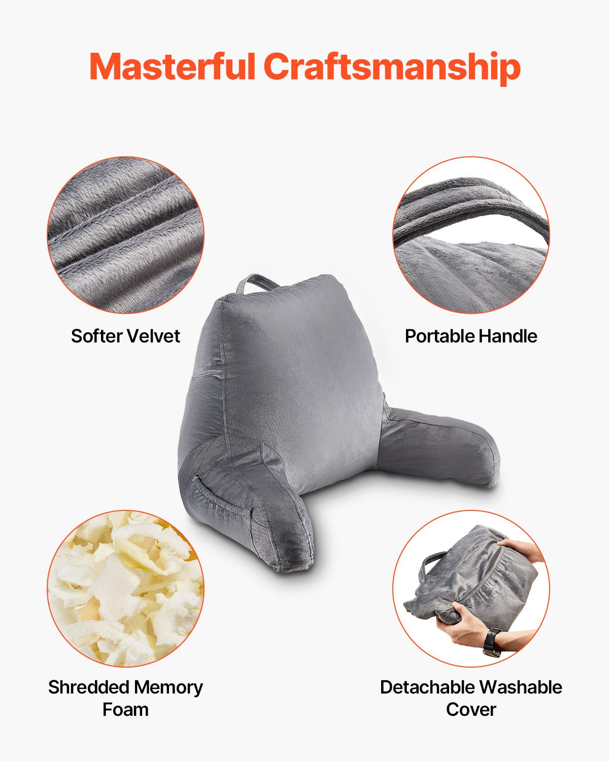 Reading Pillow Standard Size Shredded Memory Foam 3 Pockets Handle Washable