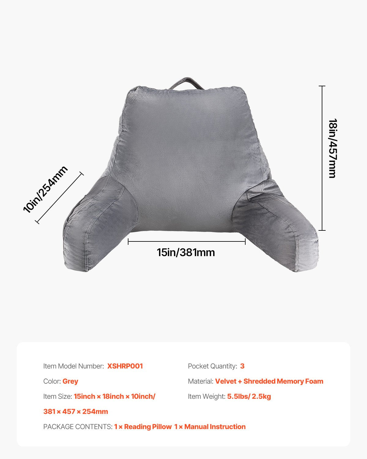 Reading Pillow Standard Size Shredded Memory Foam 3 Pockets Handle Washable