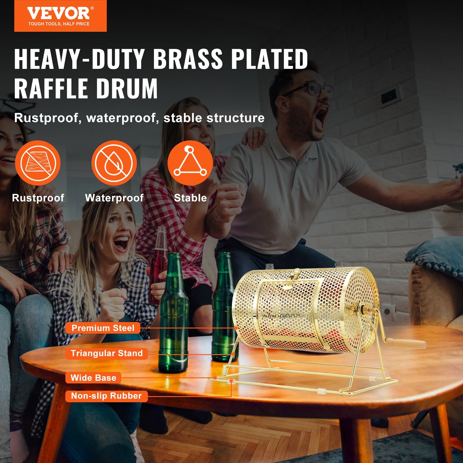 Brass Plated Raffle Drum Spinning Cage with Wooden Handle for Tickets Balls