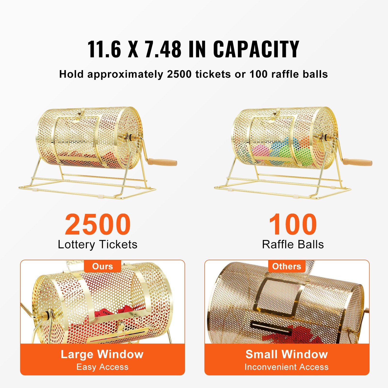 Brass Plated Raffle Drum Spinning Cage with Wooden Handle for Tickets Balls