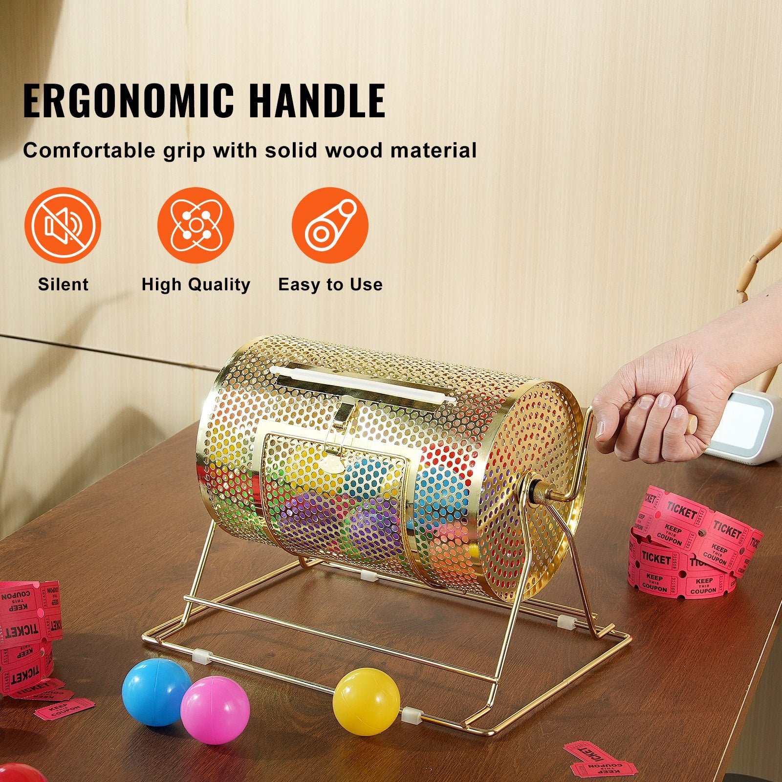 Brass Plated Raffle Drum Spinning Cage with Wooden Handle for Tickets Balls