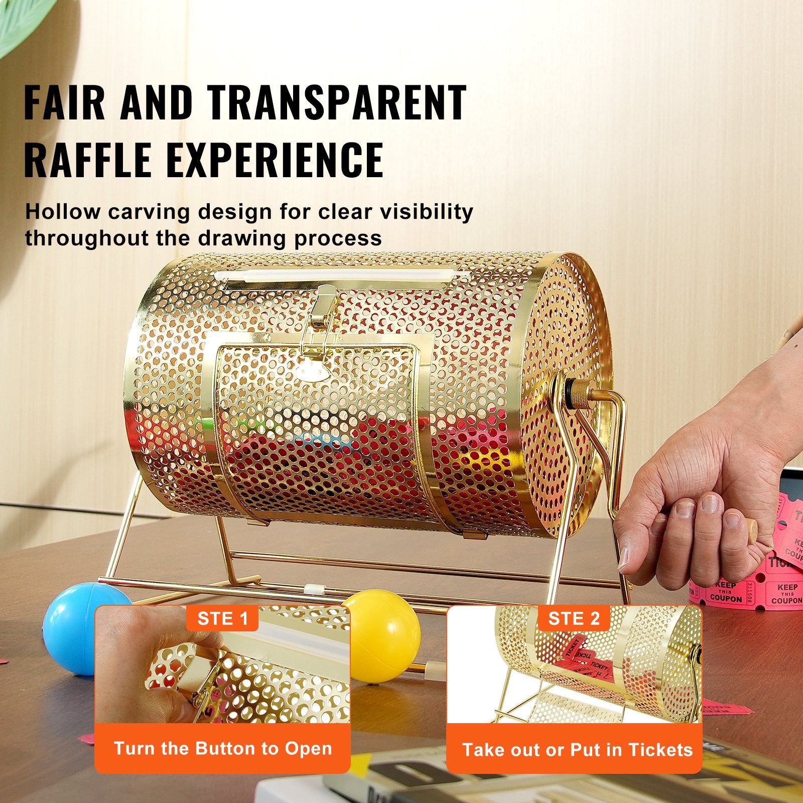 Brass Plated Raffle Drum Spinning Cage with Wooden Handle for Tickets Balls