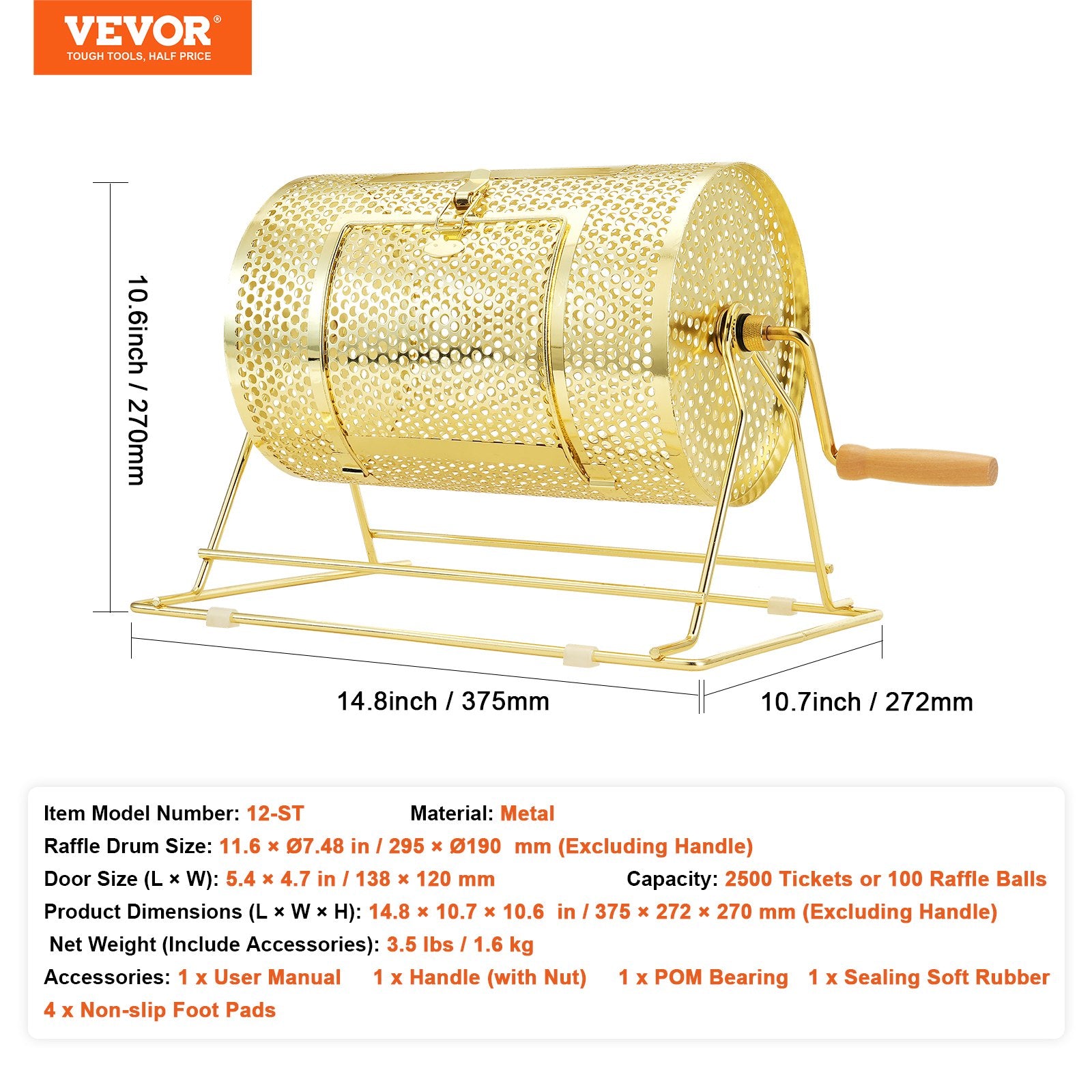 Brass Plated Raffle Drum Spinning Cage with Wooden Handle for Tickets Balls