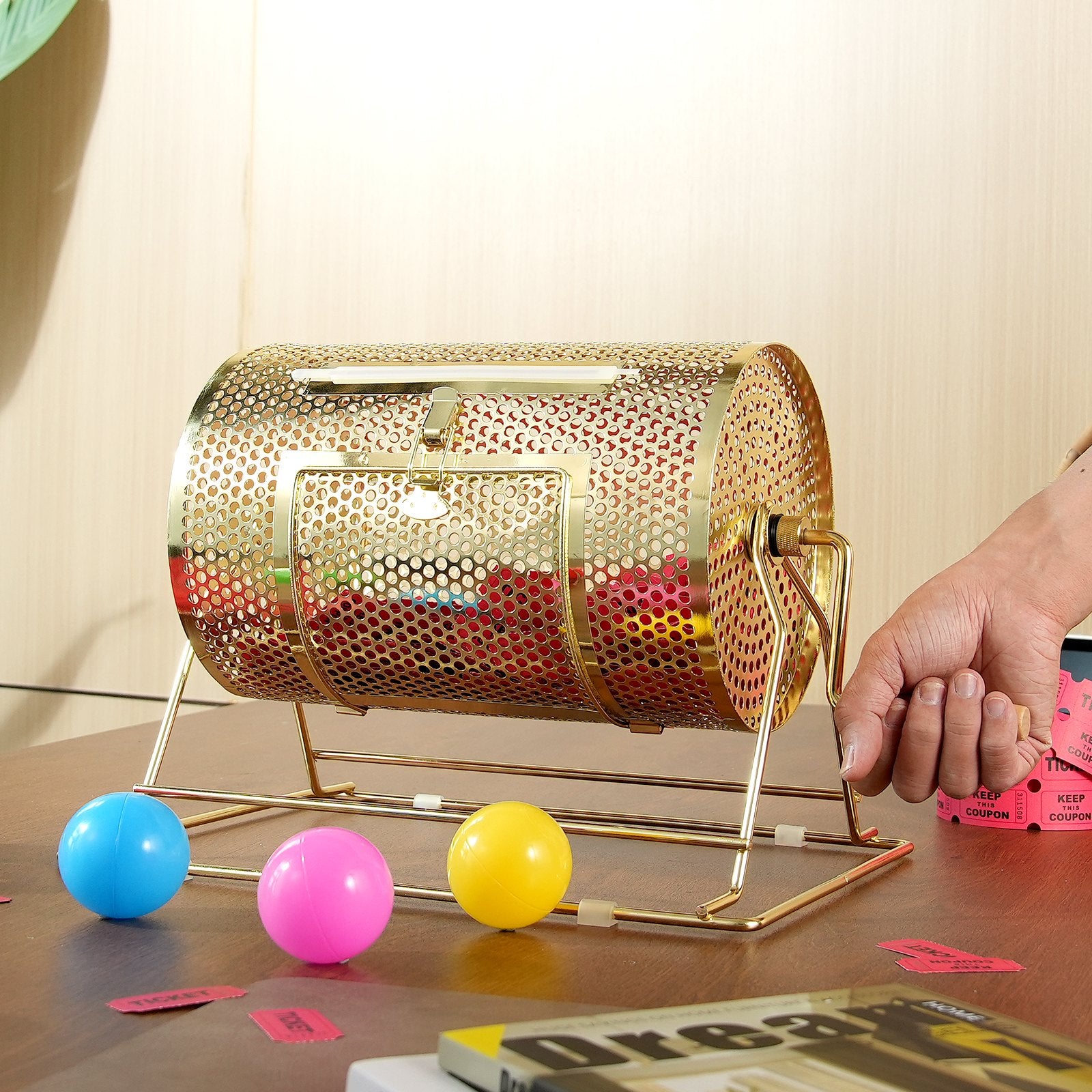 Brass Plated Raffle Drum Spinning Cage with Wooden Handle for Tickets Balls