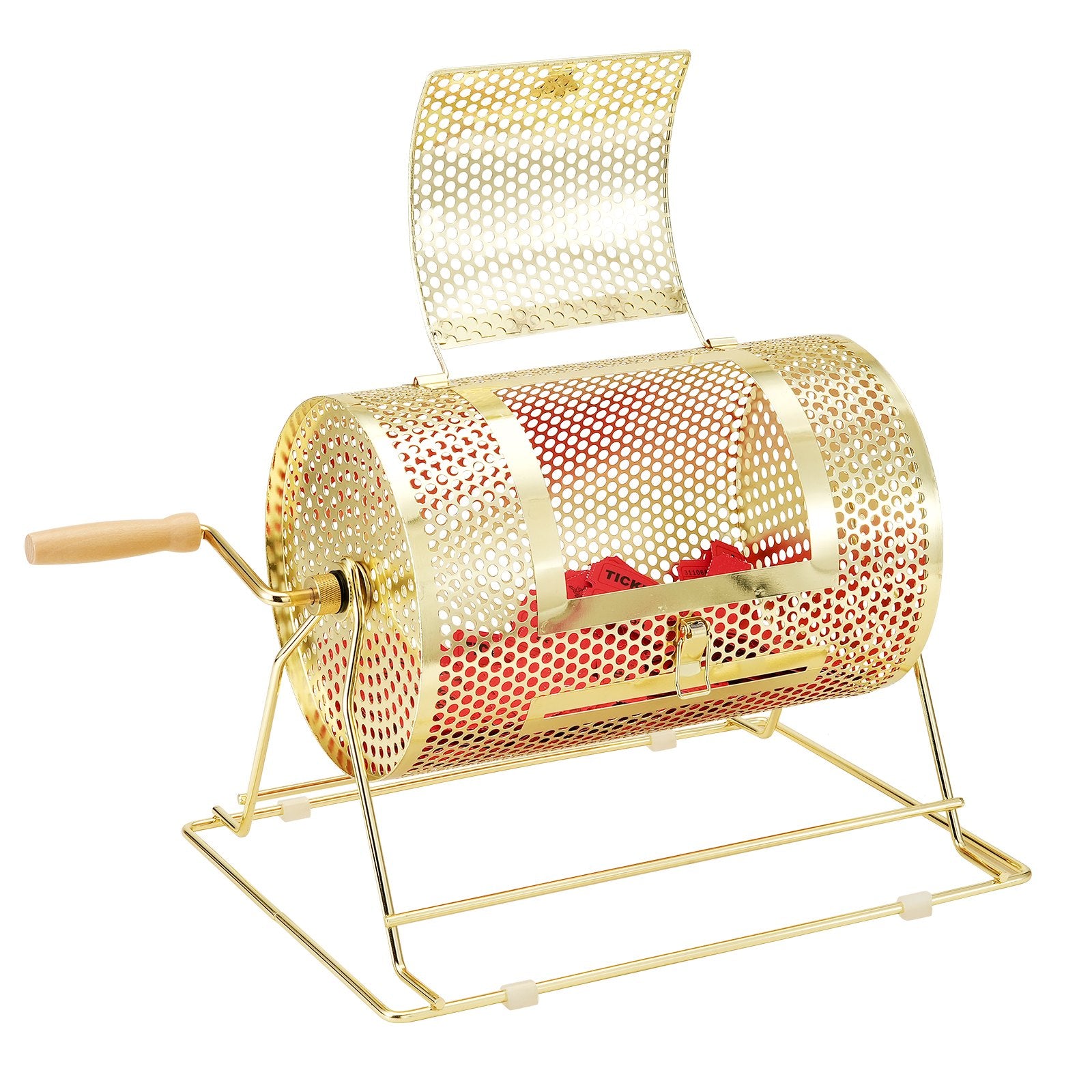 Brass Plated Raffle Drum Spinning Cage with Wooden Handle for Tickets Balls