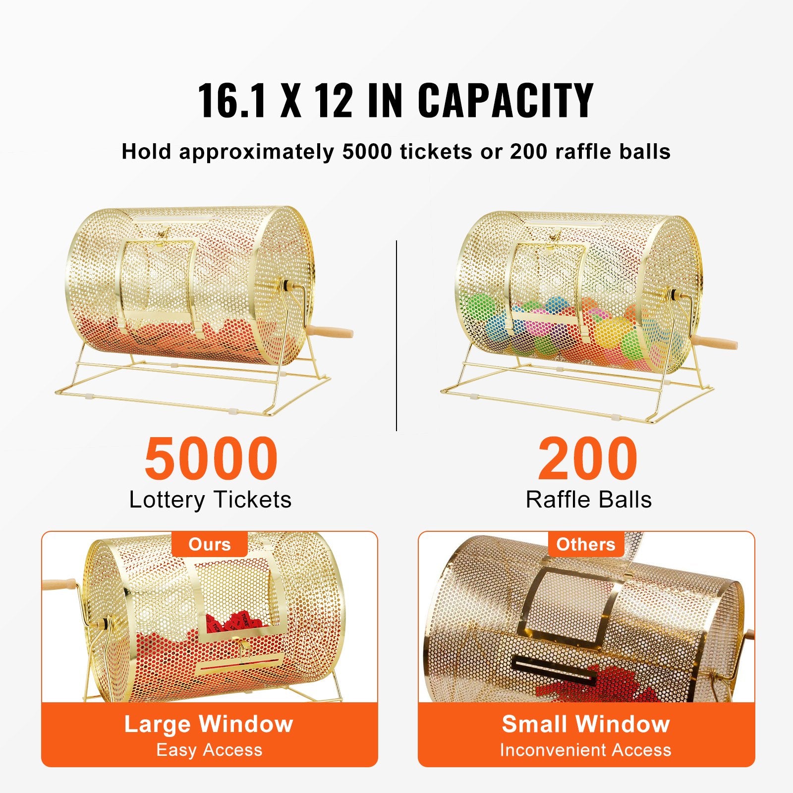 Raffle Drum 16.1"x12" Brass Plated Spinning Cage Holds 5000 Tickets or Balls