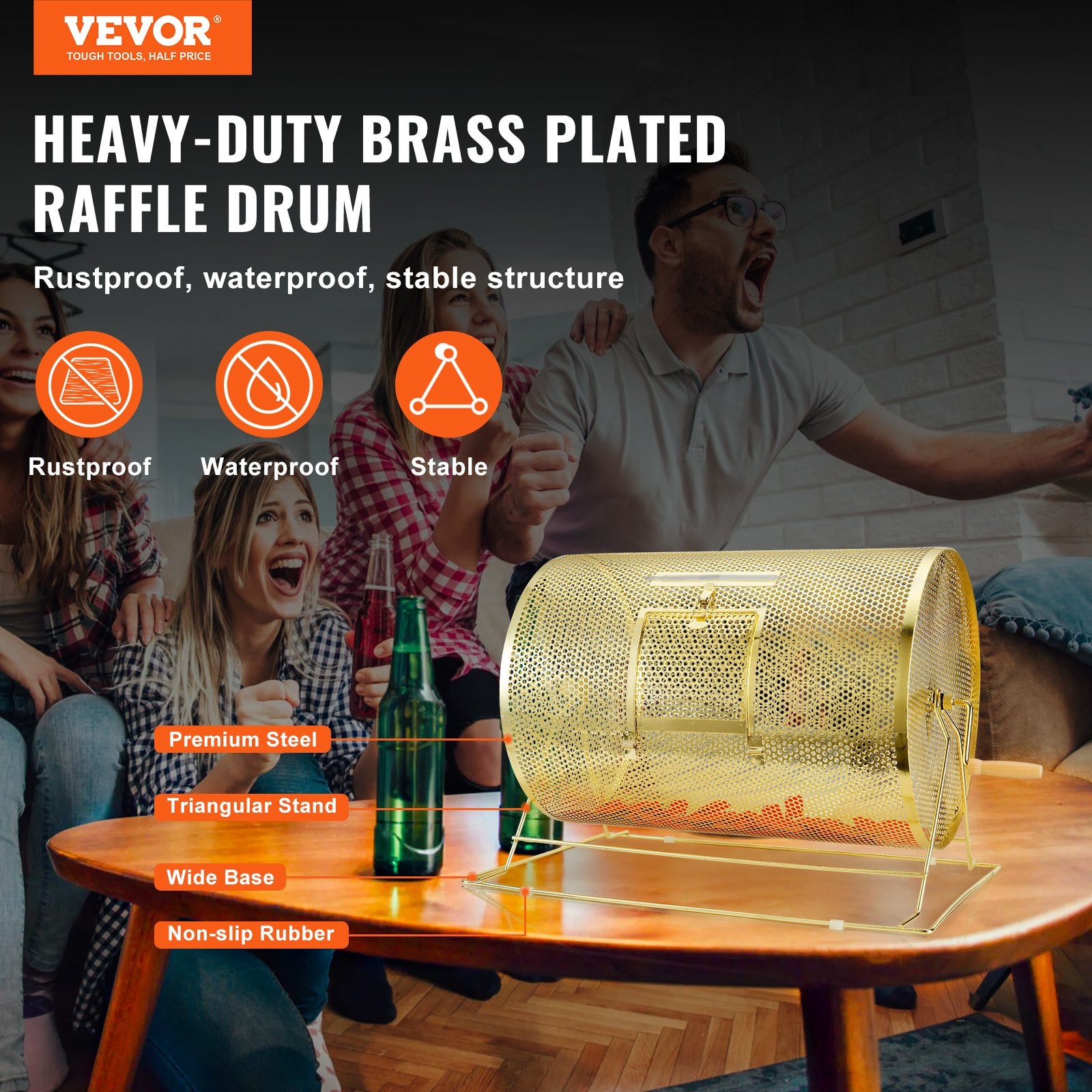 Brass Plated Raffle Drum Spinning Cage with Wooden Handle for Tickets Balls