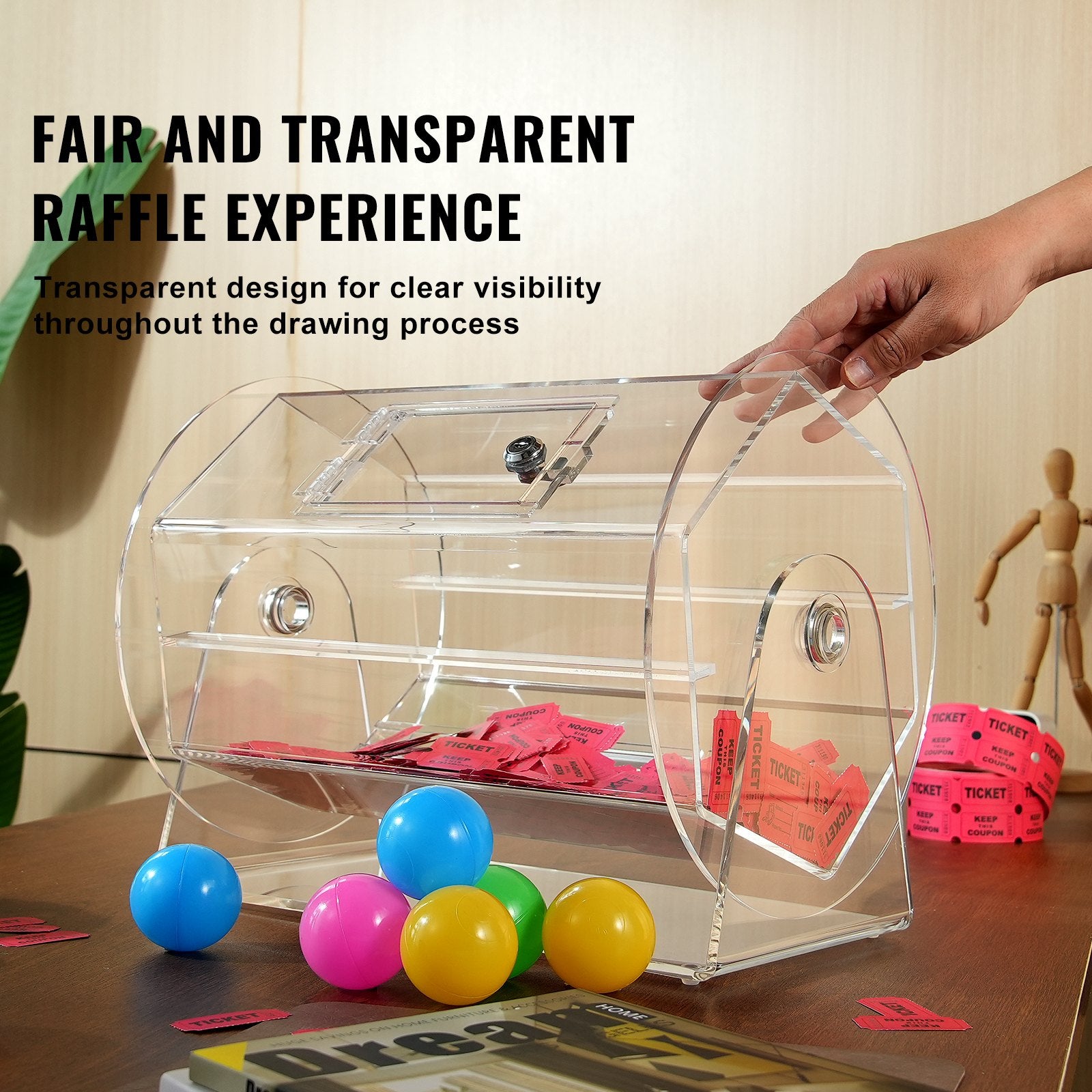Acrylic Raffle Drum Holds 5000 Tickets 200 Balls Transparent Spinning Cage