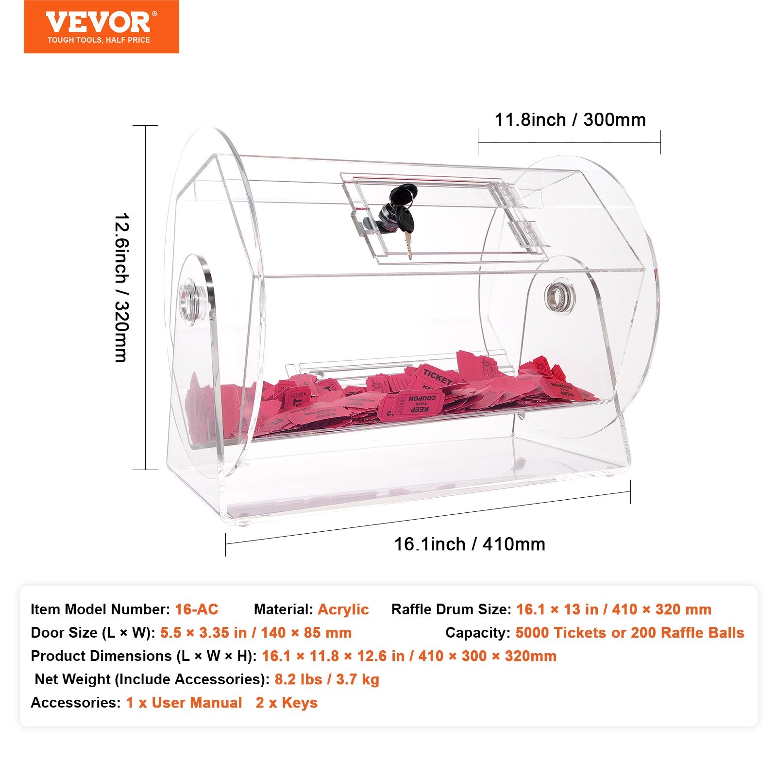 Acrylic Raffle Drum Holds 5000 Tickets 200 Balls Transparent Spinning Cage