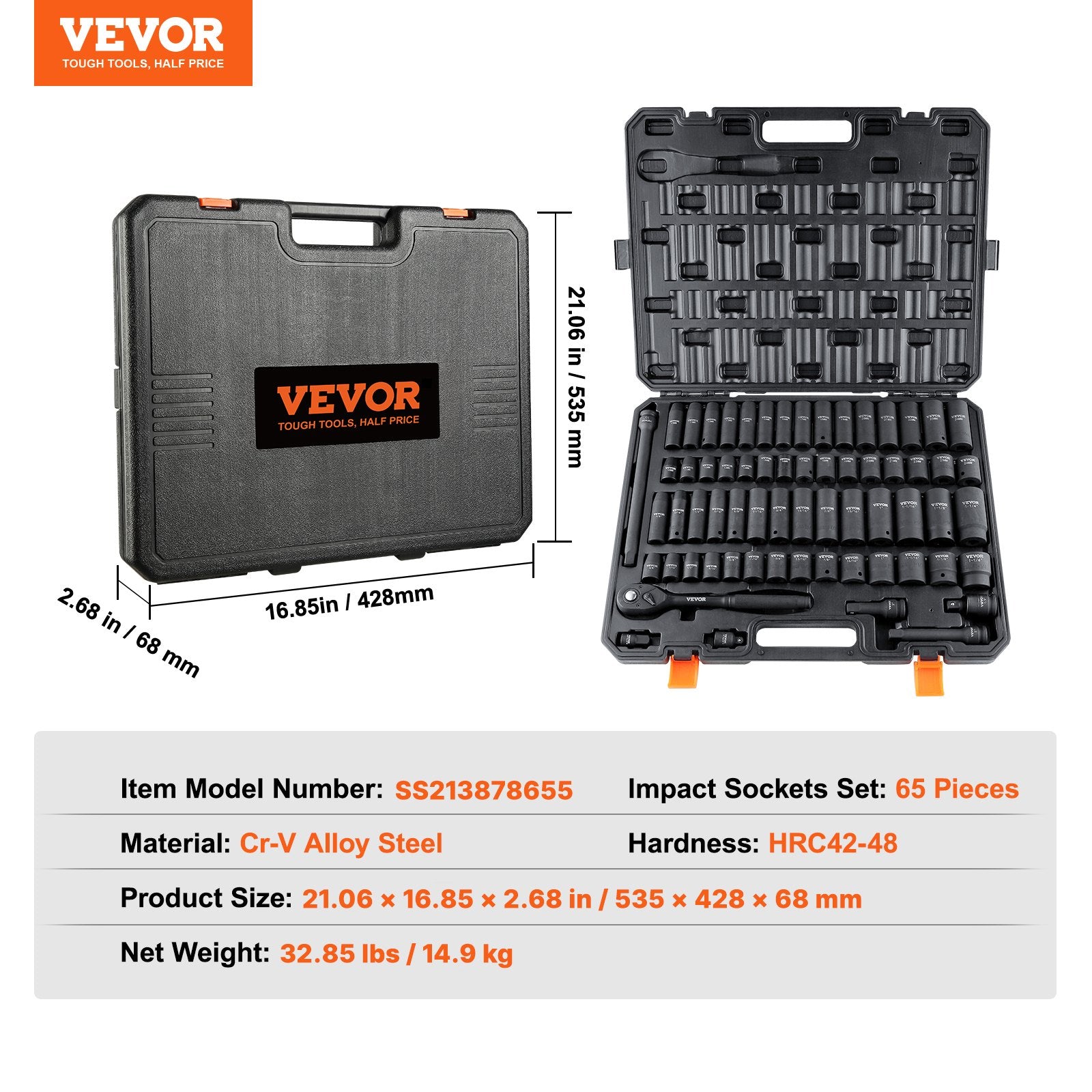 1/2" Drive Impact Socket Set 65-Piece SAE & Metric 6-Point Cr-V with Case