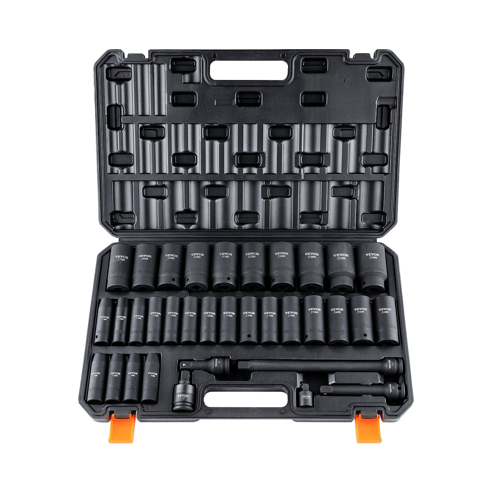Impact Socket Set 1/2in Drive 34-Piece Metric 8-36mm 6-Point Cr-MO Steel Case