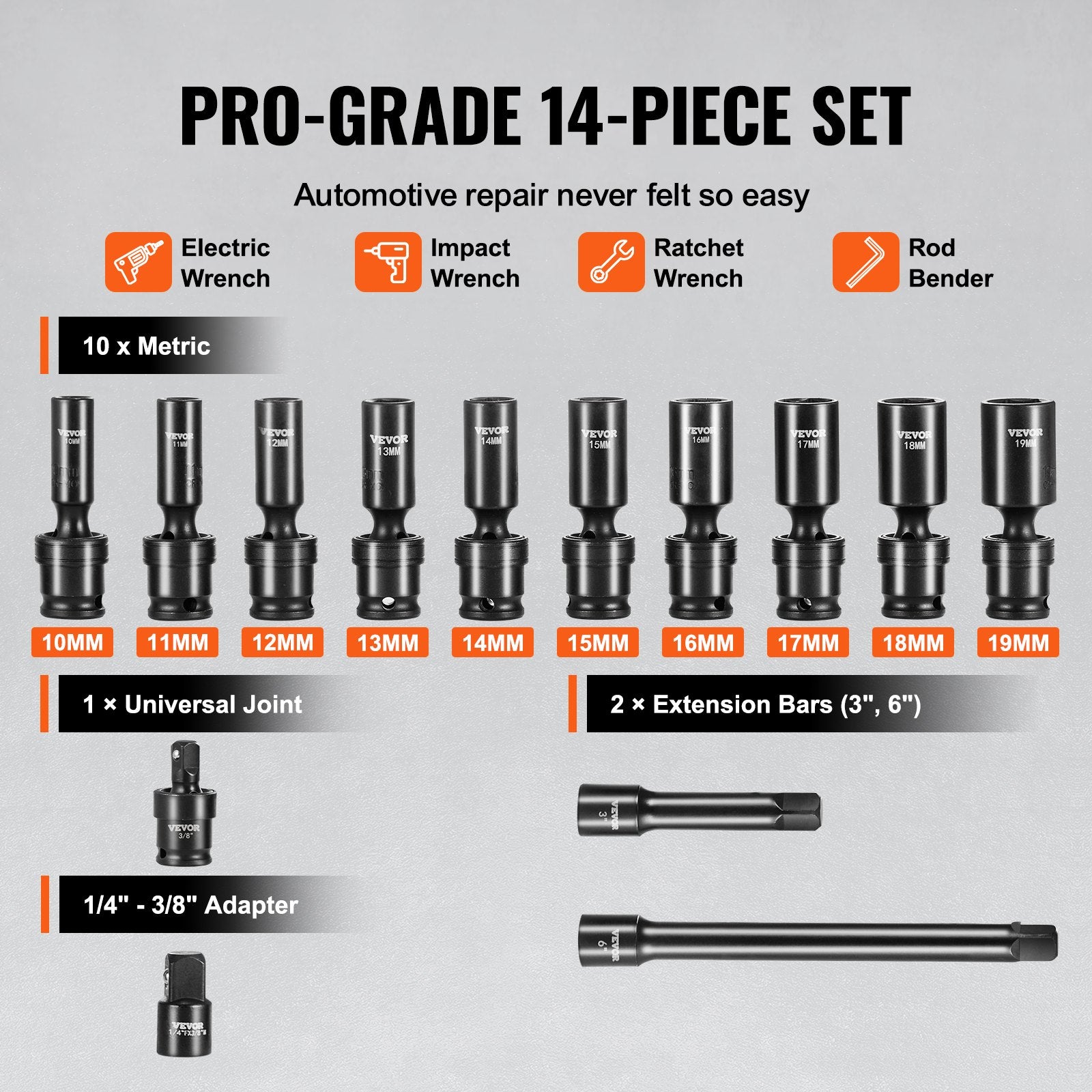 Swivel Impact Socket Set, 3/8" Drive 14-Piece Deep Metric 10-19mm 6-Point Cr-Mo