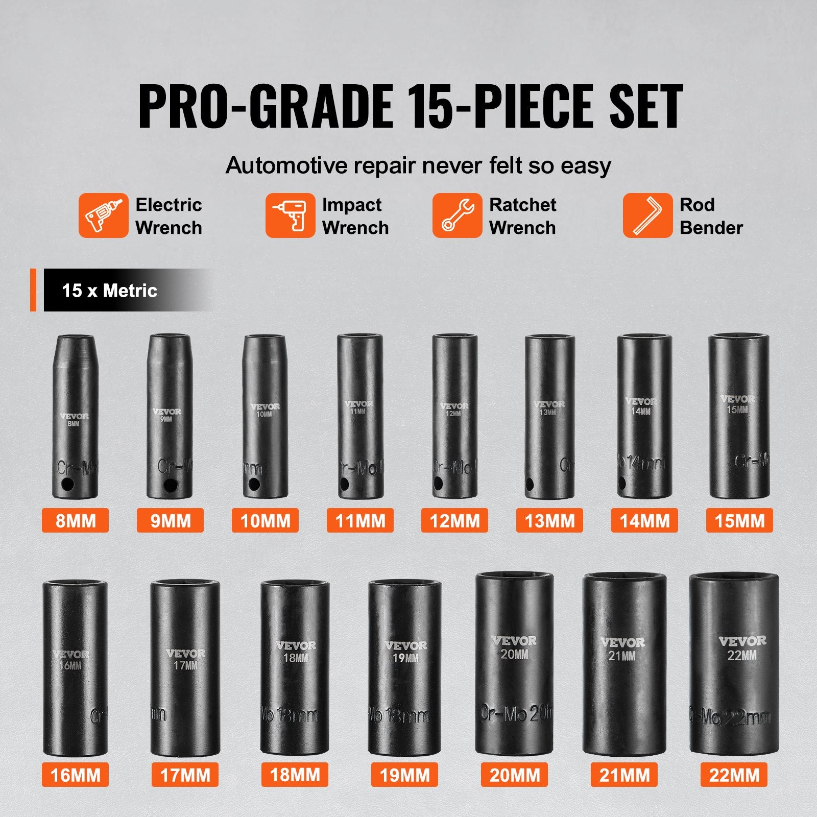 Impact Socket Set 3/8in Drive 15-Piece Metric 8-22mm 6-Point Cr-Mo Steel Case