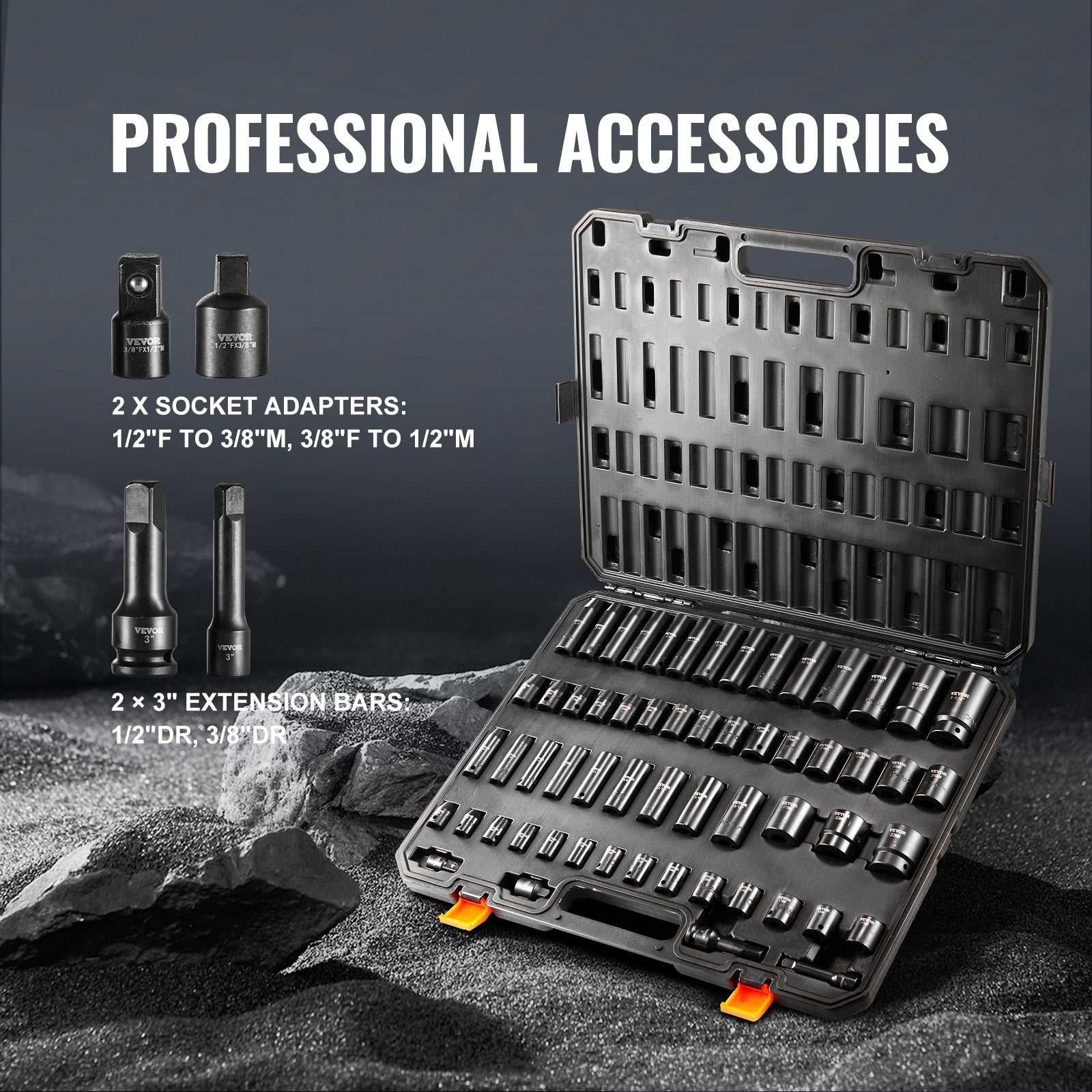 Impact Socket Set, 3/8" & 1/2" Drive 59-Piece SAE & Metric 6-32mm Cr-Mo Steel