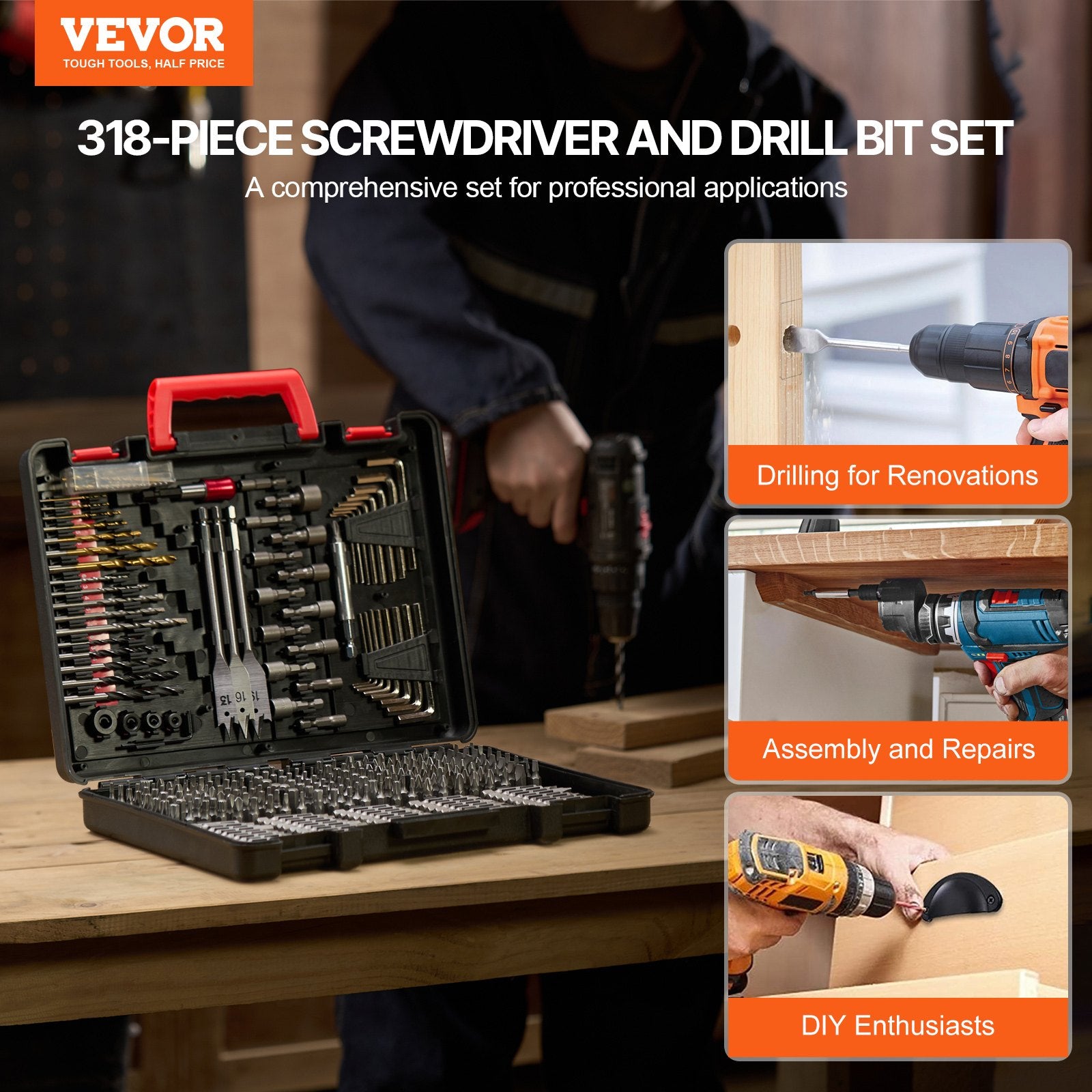 Drill and Driver Bit Set Combo Kit with Organized Carrying Case