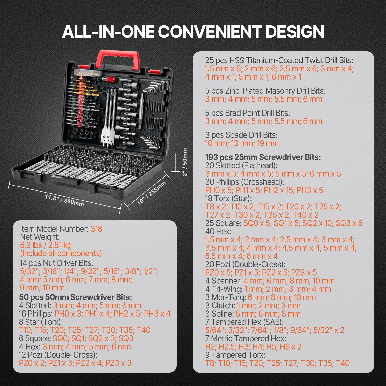 Drill and Driver Bit Set Combo Kit with Organized Carrying Case
