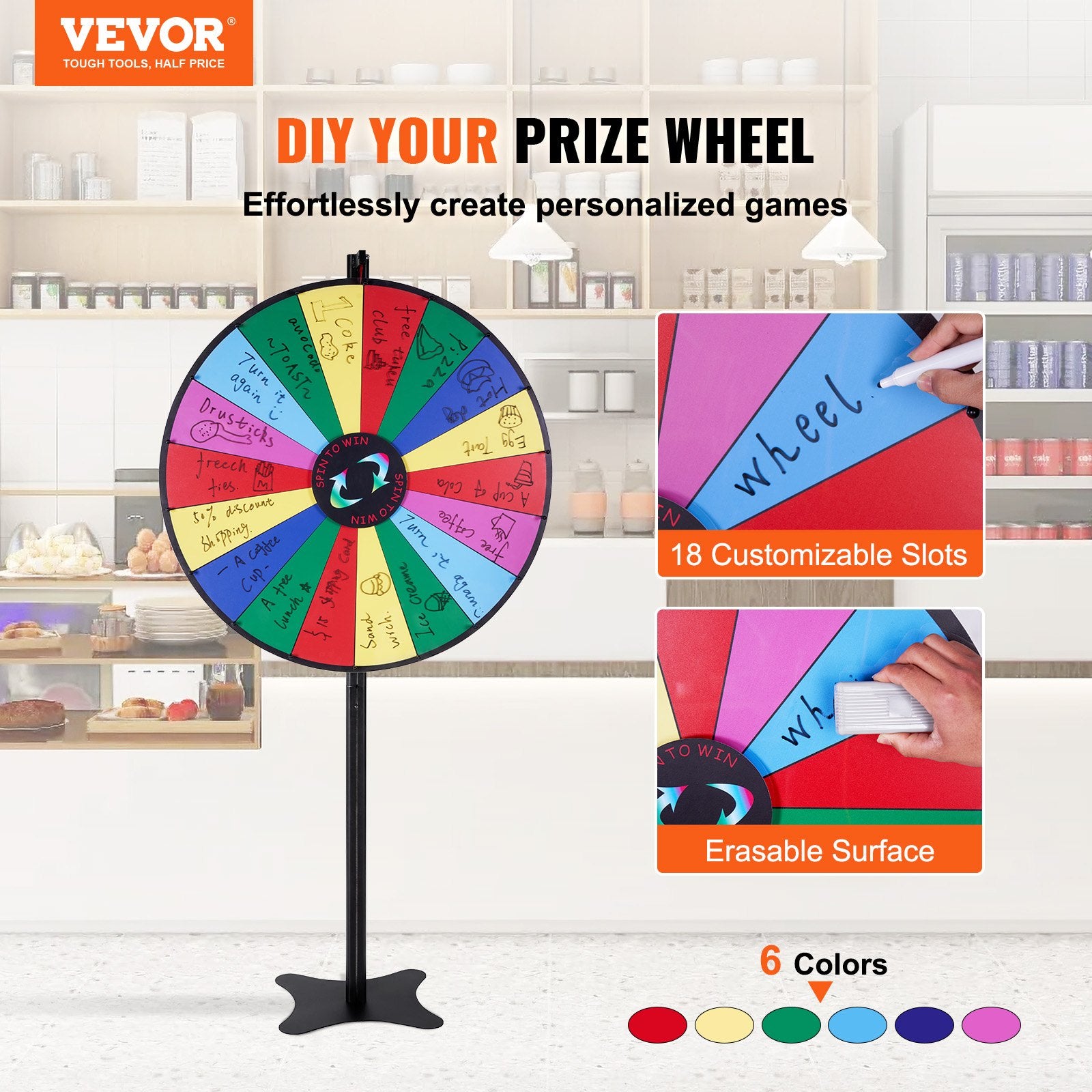 36" Spinning Prize Wheel 18-Slot Roulette with Dry Erase Tabletop/Floor Standing