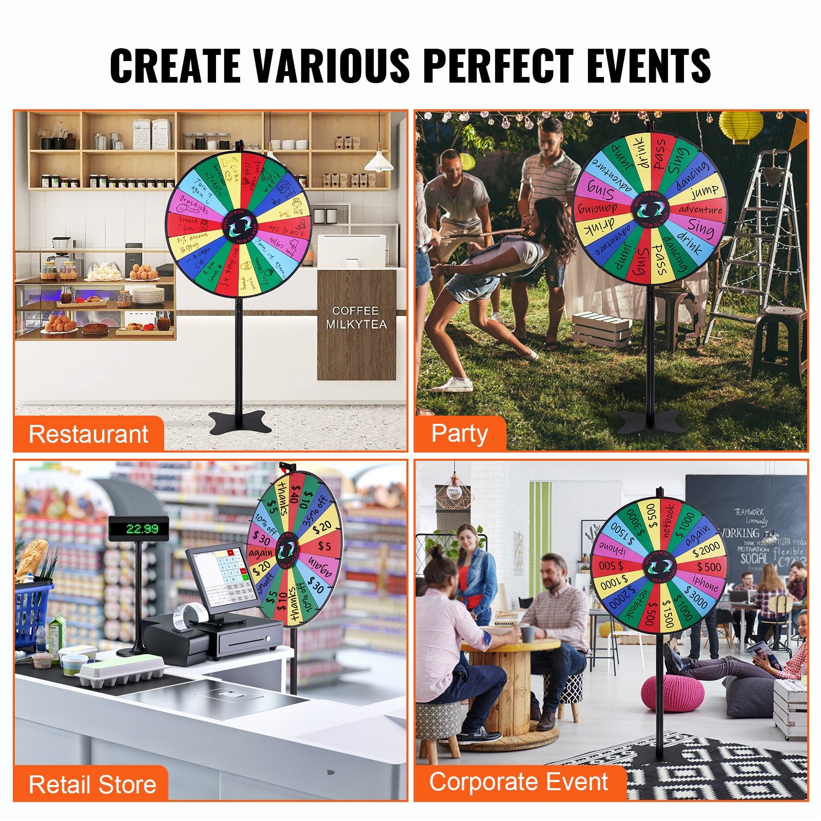 36" Spinning Prize Wheel 18-Slot Roulette with Dry Erase Tabletop/Floor Standing