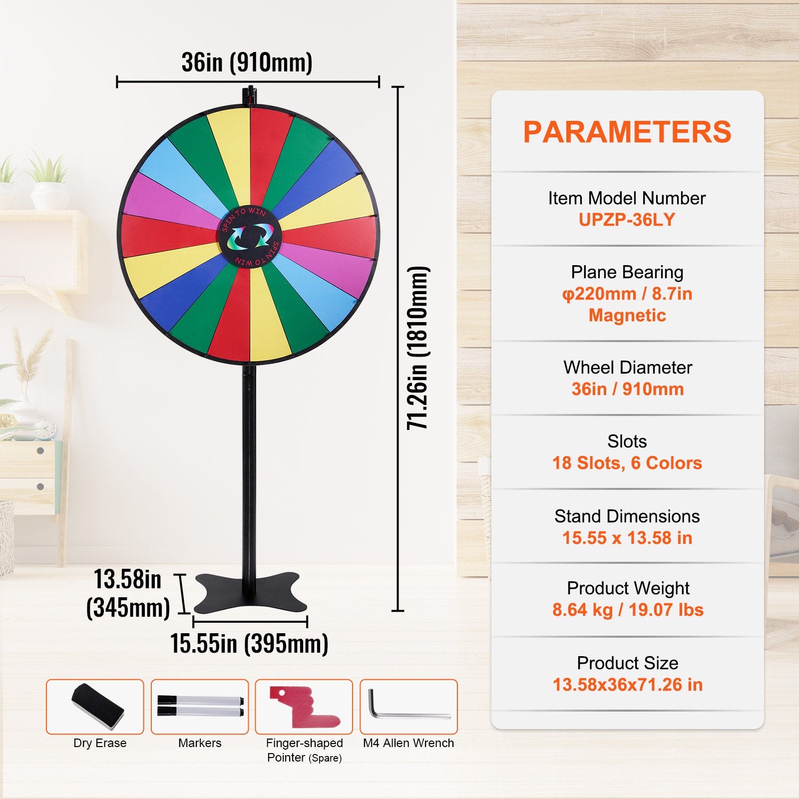 36" Spinning Prize Wheel 18-Slot Roulette with Dry Erase Tabletop/Floor Standing