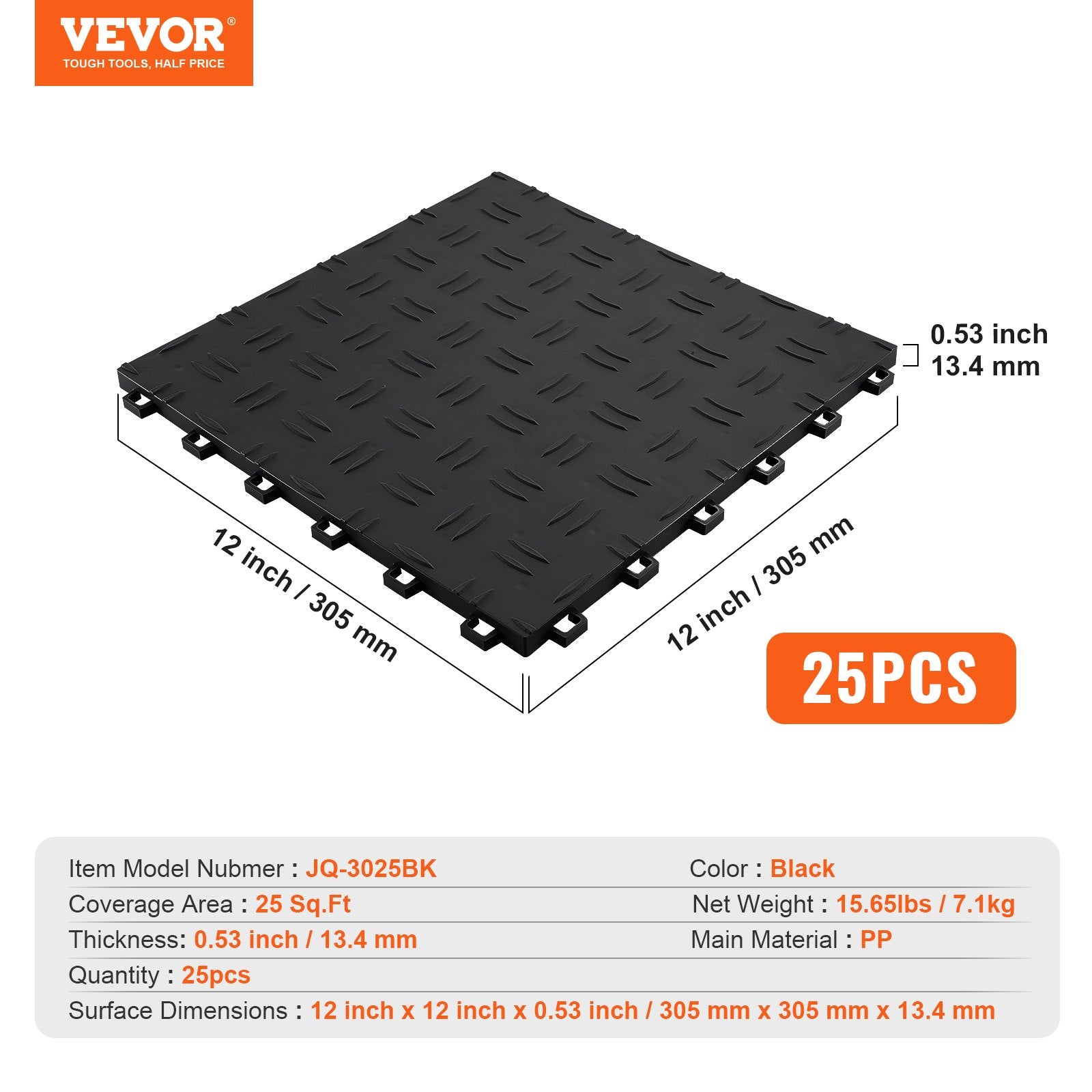 Interlocking Garage Floor Tiles 12x12x0.53in Non-Slip 25 Pack Black