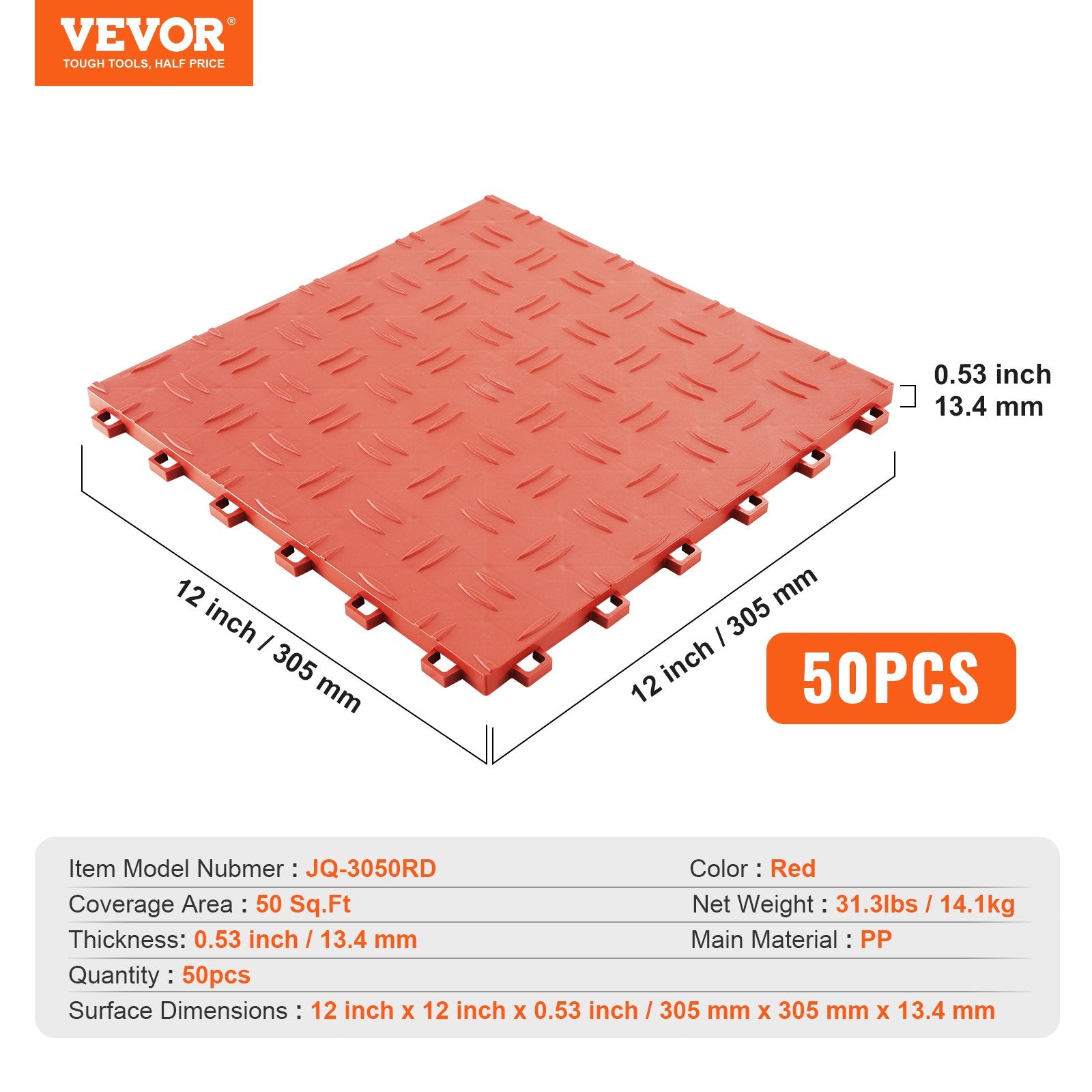 Garage Tiles Interlocking 12 x 12 x 0.53 in 50-Pack Non-Slip Red Garage Flooring