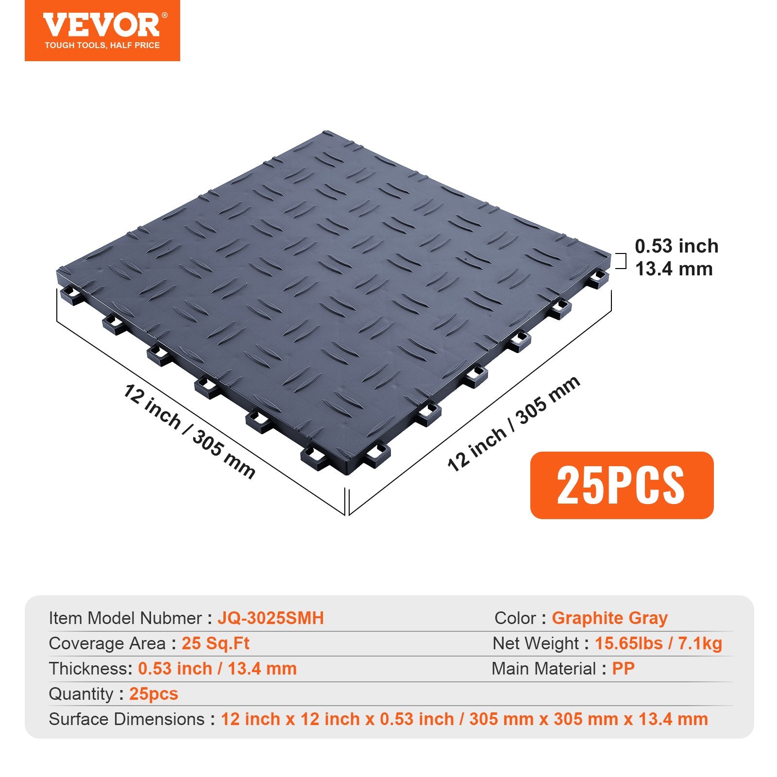 Interlocking Garage Floor Tiles 12x12x0.53in Non-Slip 25 Pack Graphite Gray