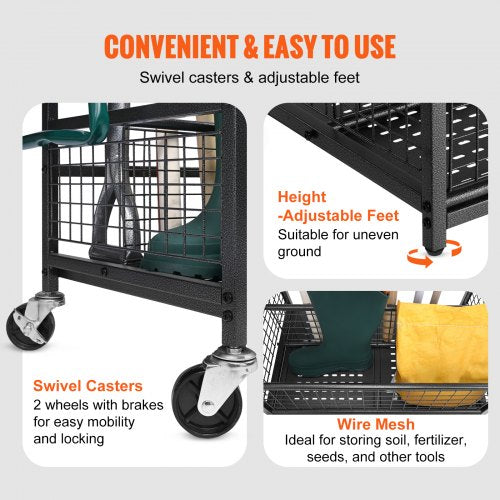 Garden Tool Organizer 16 Slots with Hooks and Wheels for Outdoor Storage