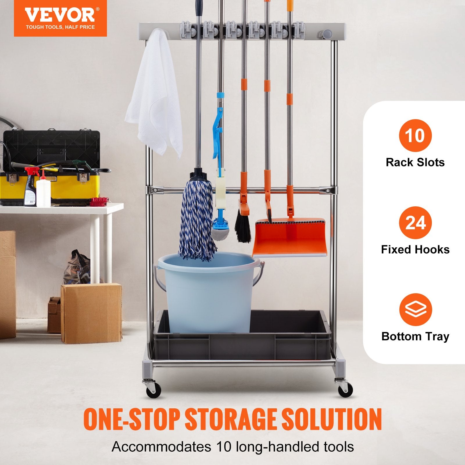 Garden Tool Organizer 10 Slots with Hooks and Wheels for Outdoor Storage