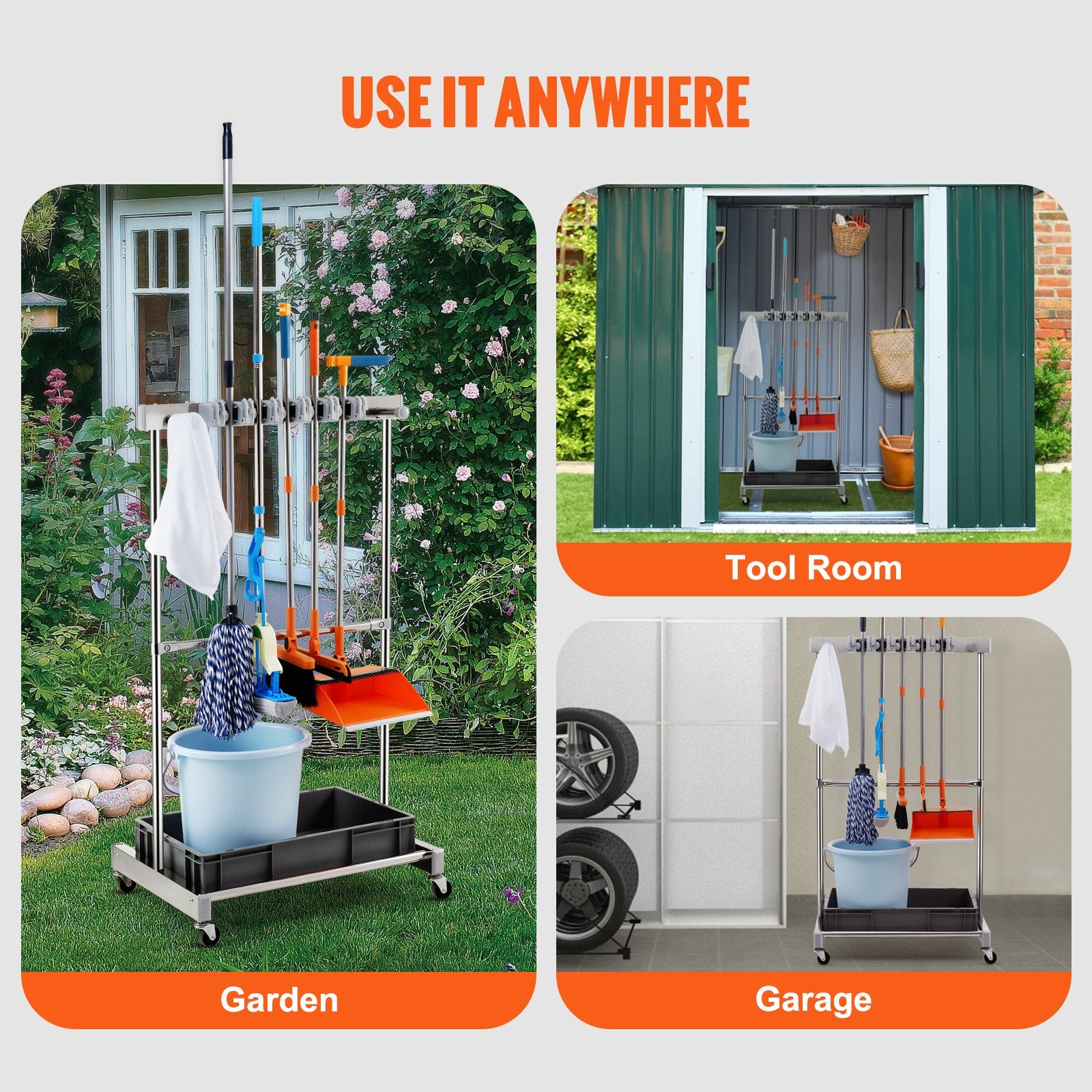 Garden Tool Organizer 10 Slots with Hooks and Wheels for Outdoor Storage
