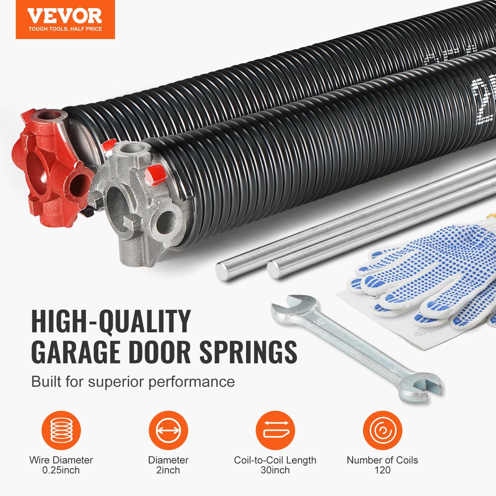 Garage Door Torsion Springs Pair 16000 Cycles with Winding Bars Tools Glove