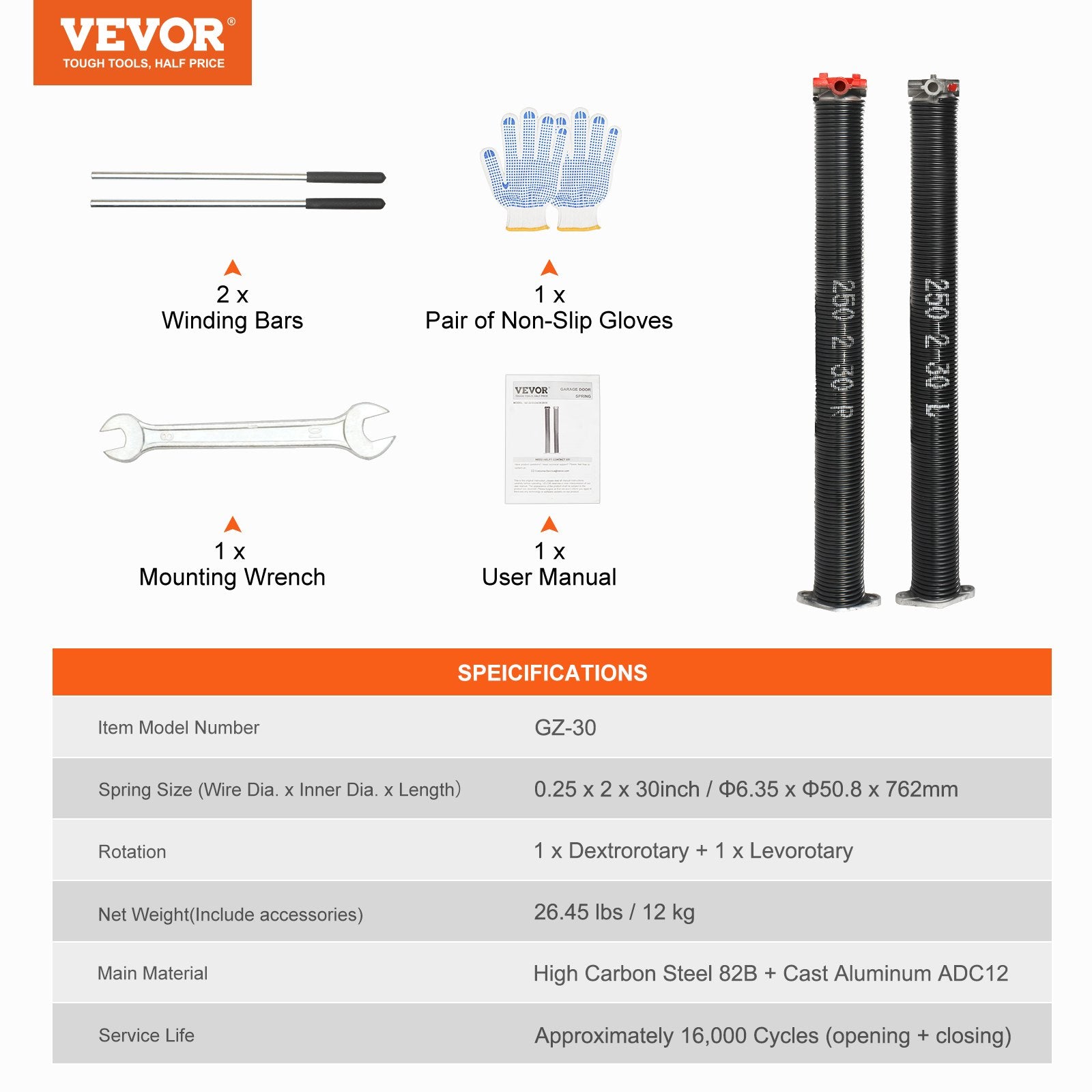 Garage Door Torsion Springs Pair 16000 Cycles with Winding Bars Tools Glove
