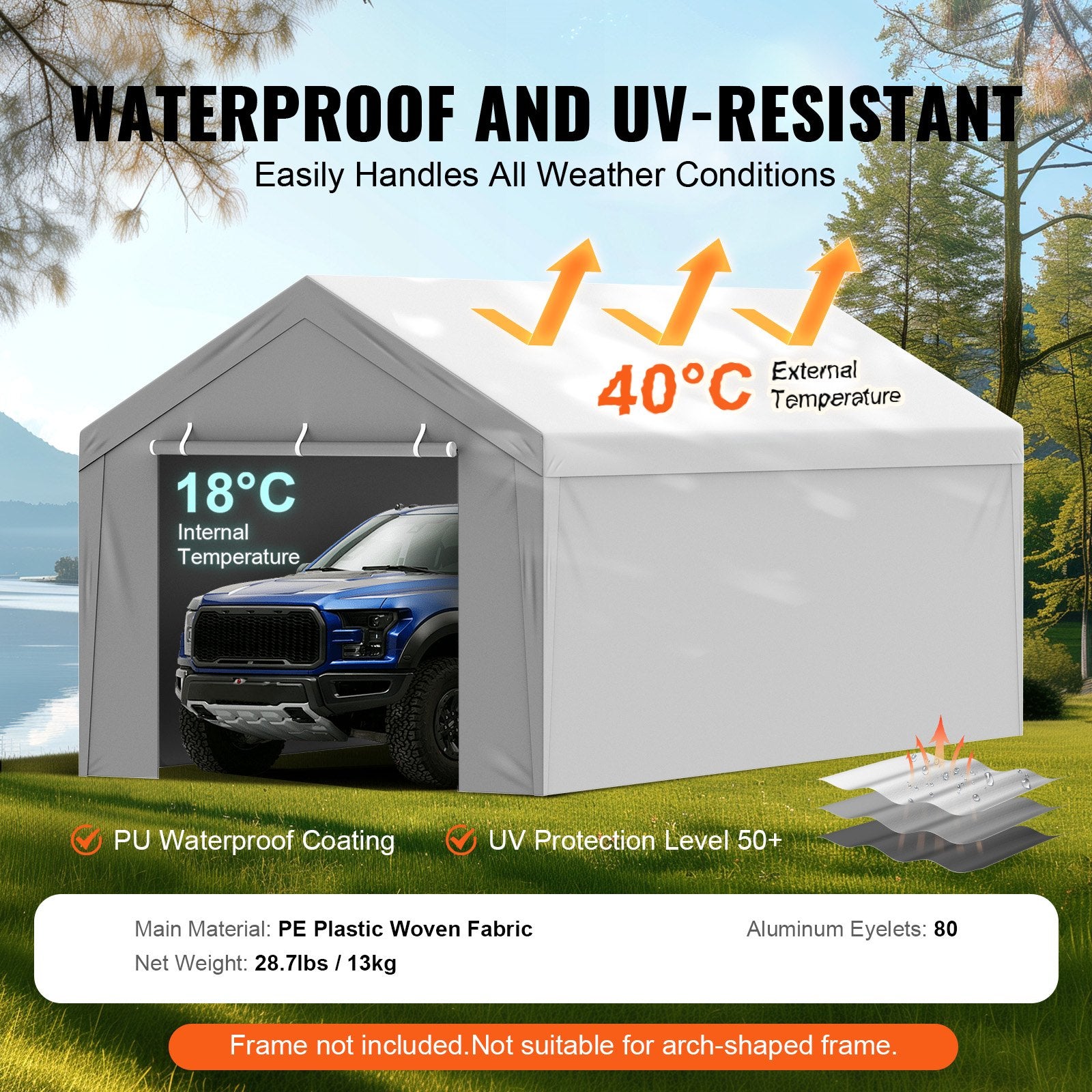 10x20 ft Carport Replacement Canopy Cover with Side Wall Waterproof UV Grey