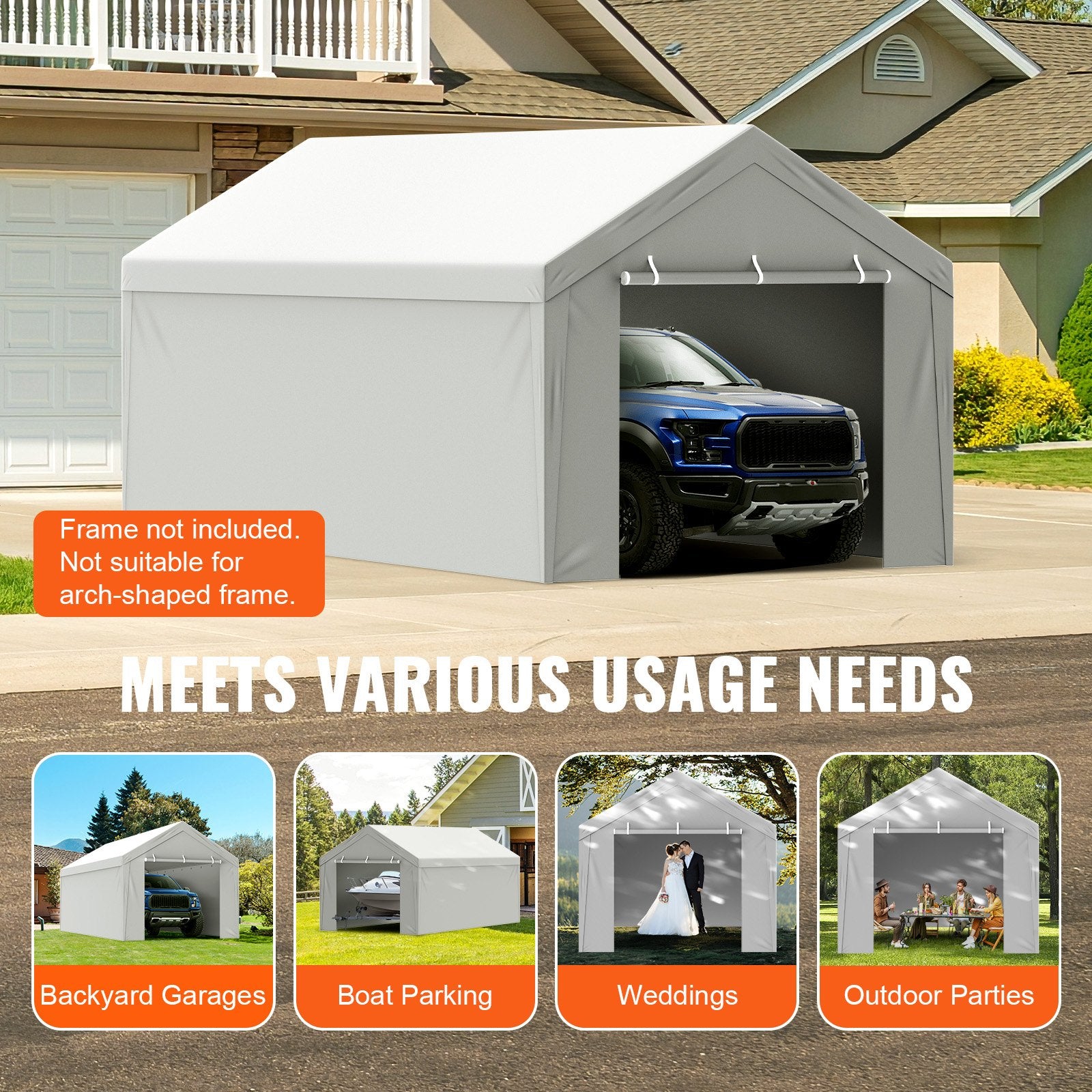 10x20 ft Carport Replacement Canopy Cover with Side Wall Waterproof UV Grey
