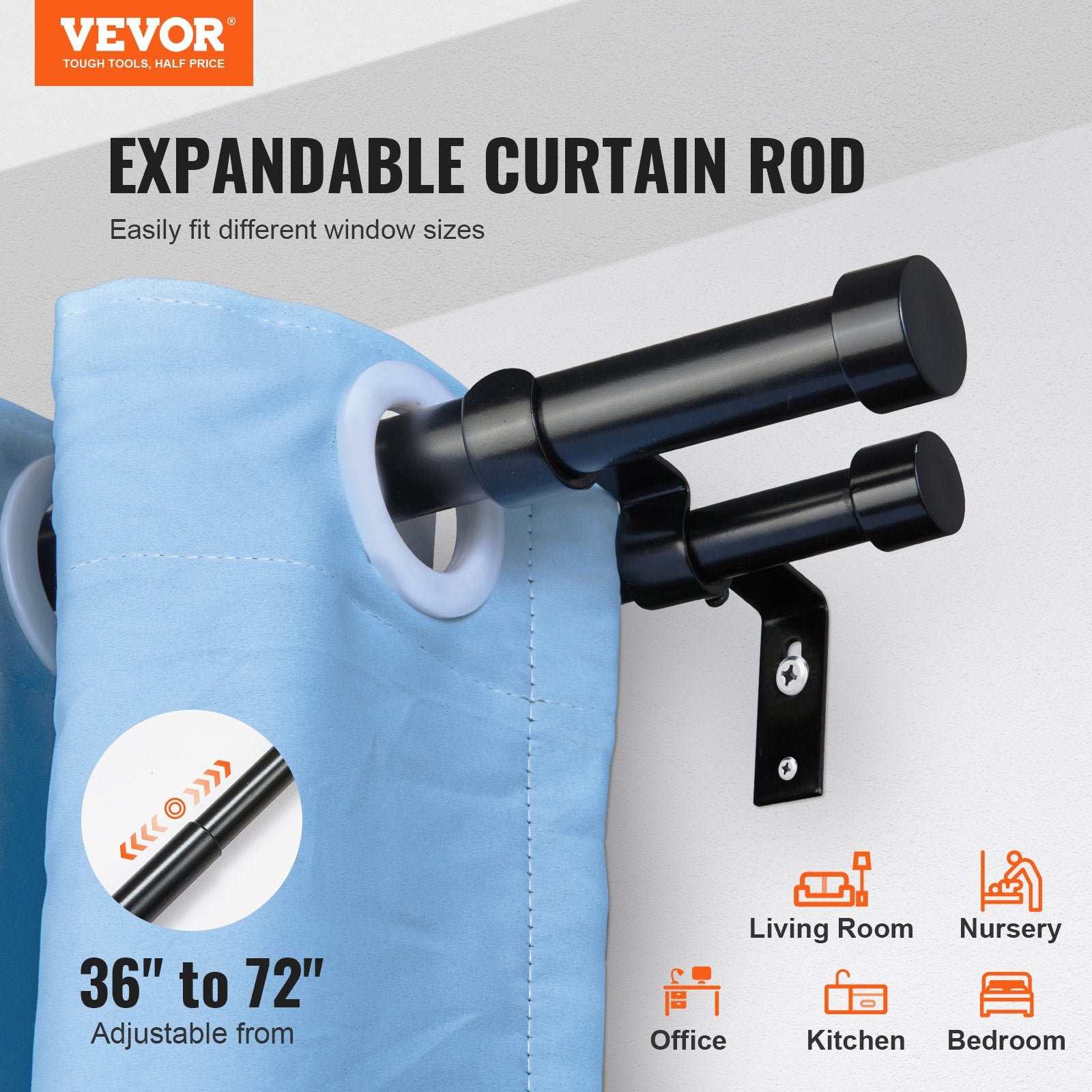 Double Rod Curtain 36-72" Adjustable, Black with Cap Finials, 1" & 3/4" Diameter