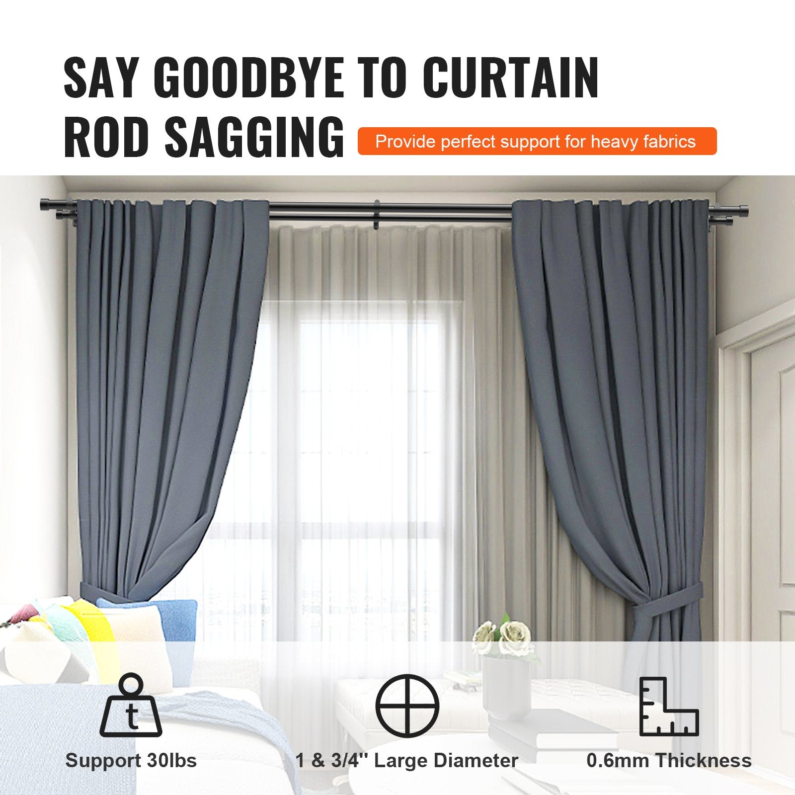 Double Rod Curtain 36-72" Adjustable, Black with Cap Finials, 1" & 3/4" Diameter