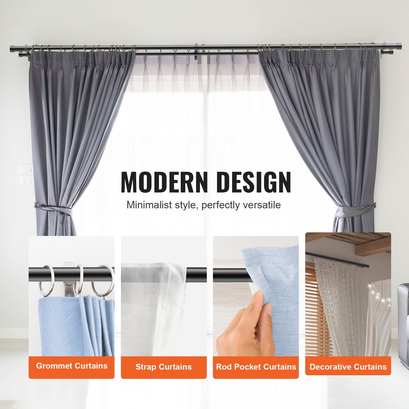 Double Rod Curtain 36-72" Adjustable, Black with Cap Finials, 1" & 3/4" Diameter