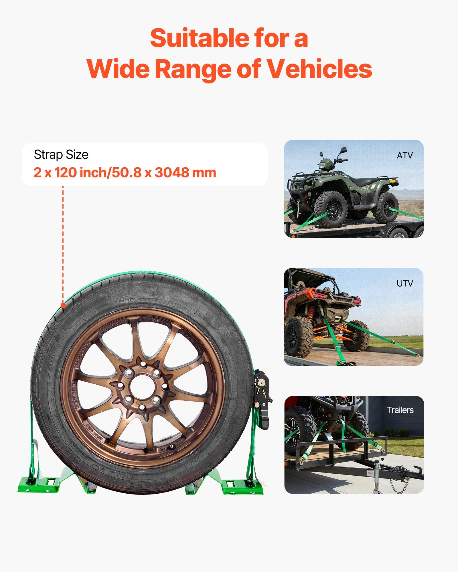 Wheel Chock Tie-Down Kit Trailer Strap Buckle 1986kg Break Load ATVs UTVs