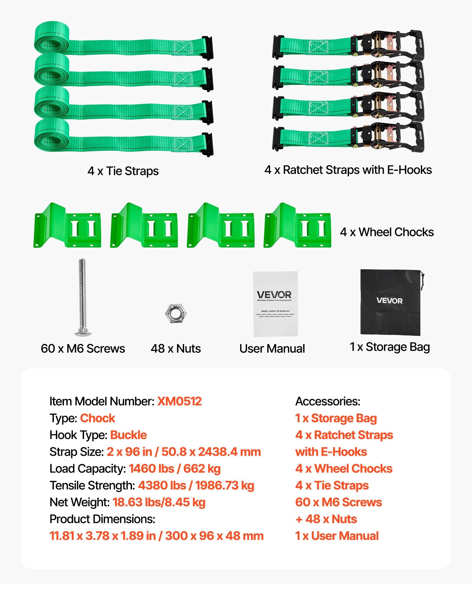 Wheel Chock Tie-Down Kit Chock-Style Trailer Strap Buckle E-Hooks 1986kg