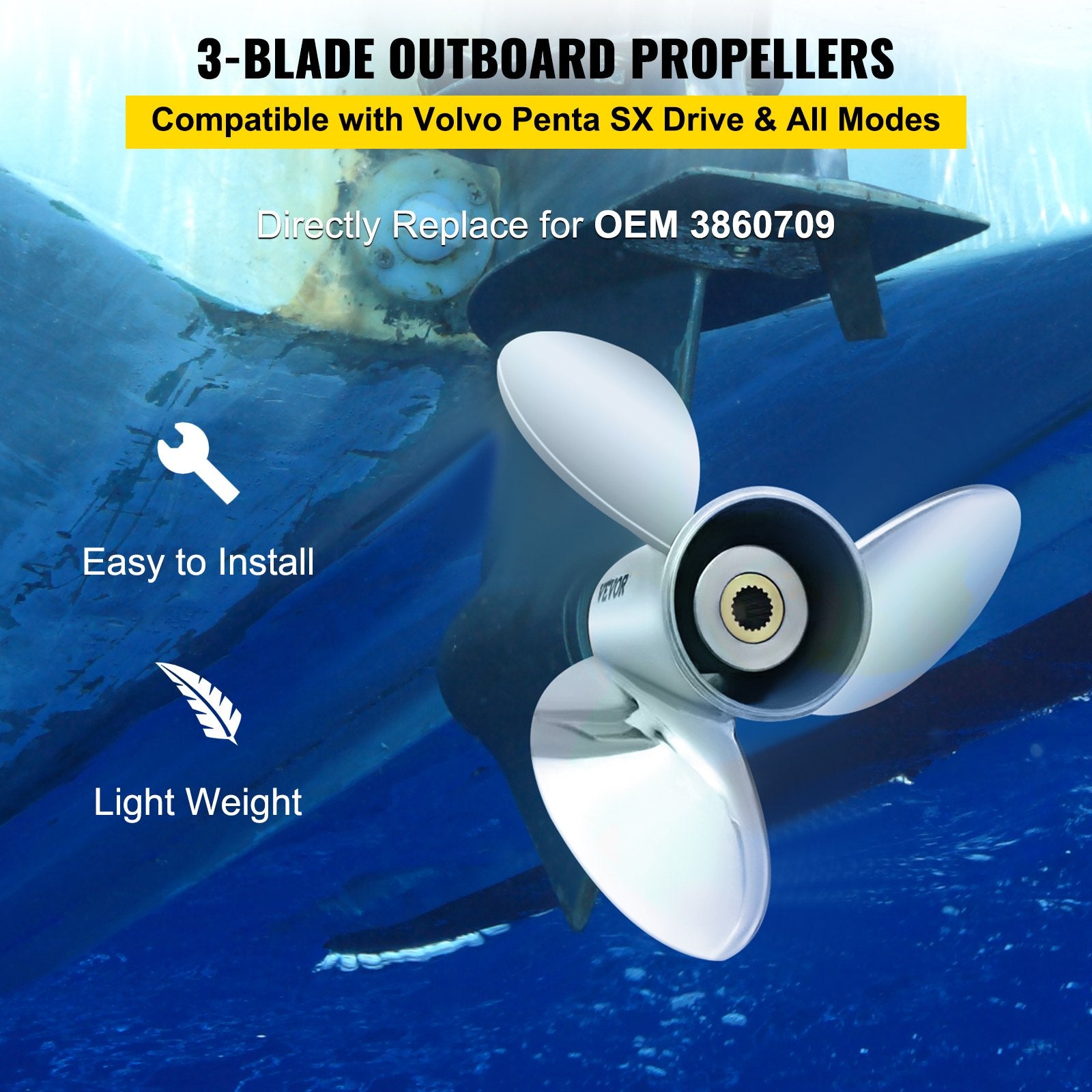 Outboard Propeller 3-Blade 14.5"x21" Steel Replace OEM 3860709 Volvo Penta RH