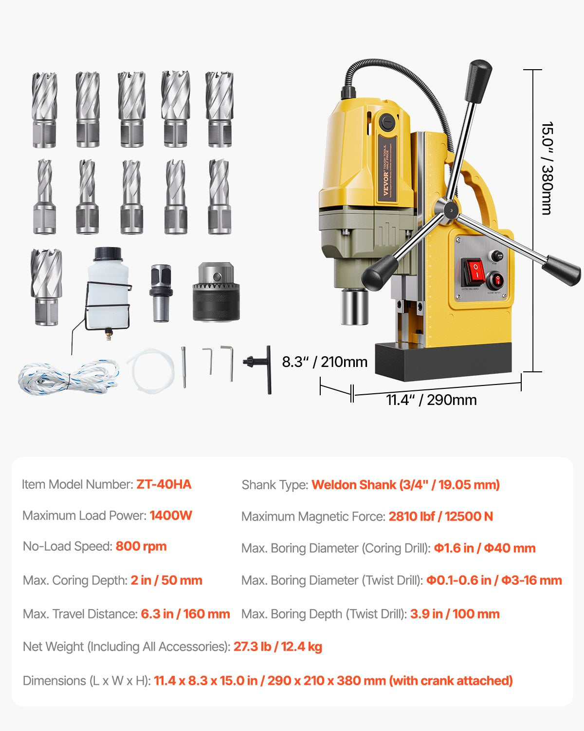 Magnetic Drill 1400W 1.6 Inch Boring Portable Electric Mag Drill with 11 Bits