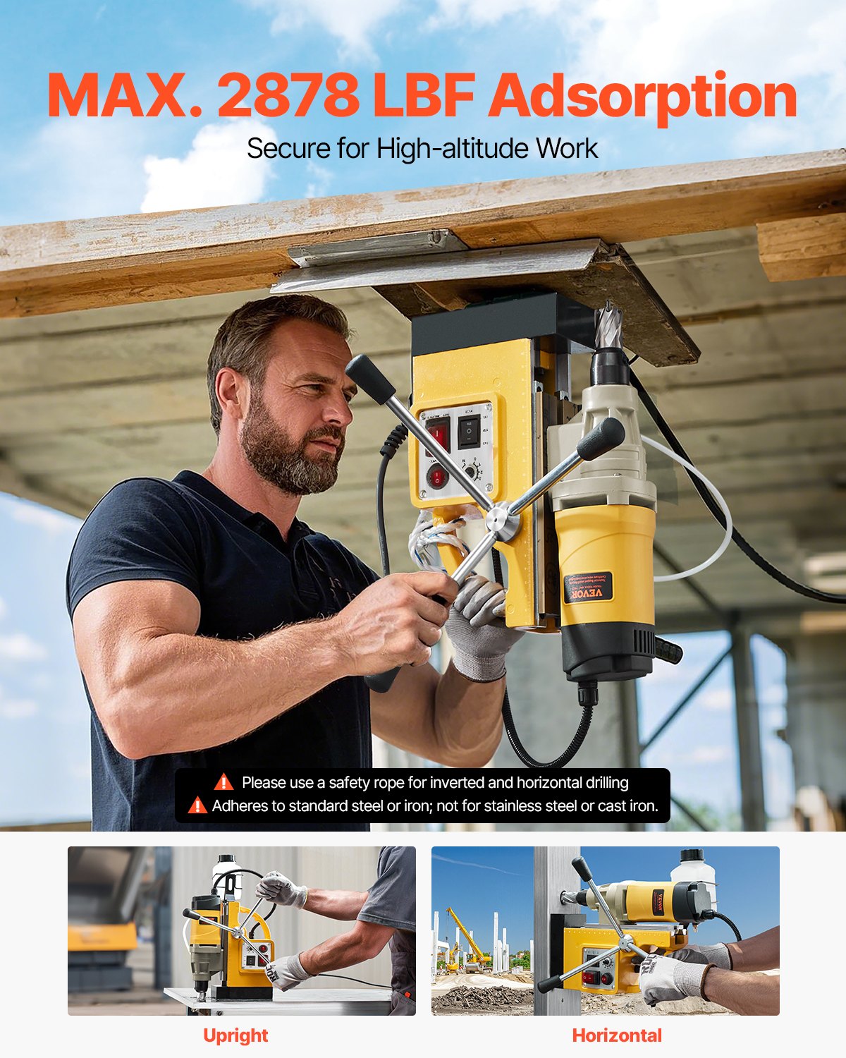 Magnetic Drill 1400W 2 Inch Boring Electric Mag Drill Press 6 Bits Yellow