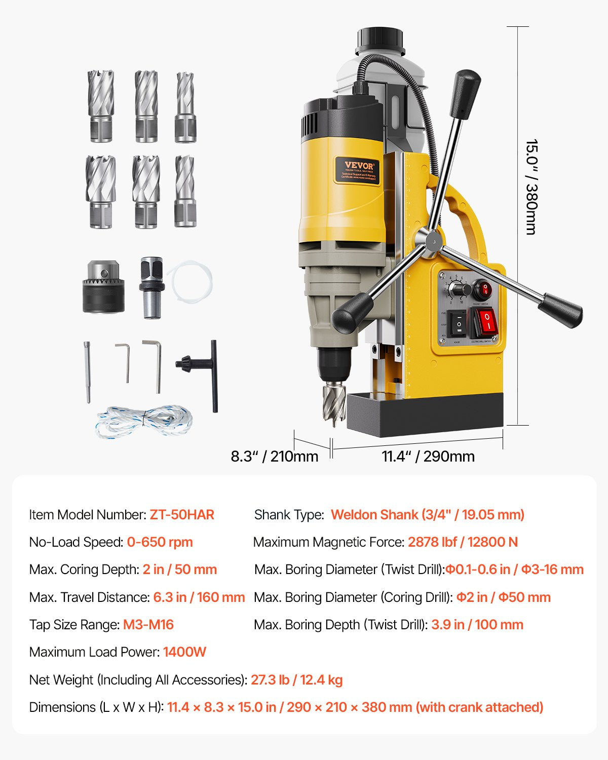 Magnetic Drill 1400W 2 Inch Boring Electric Mag Drill Press 6 Bits Yellow
