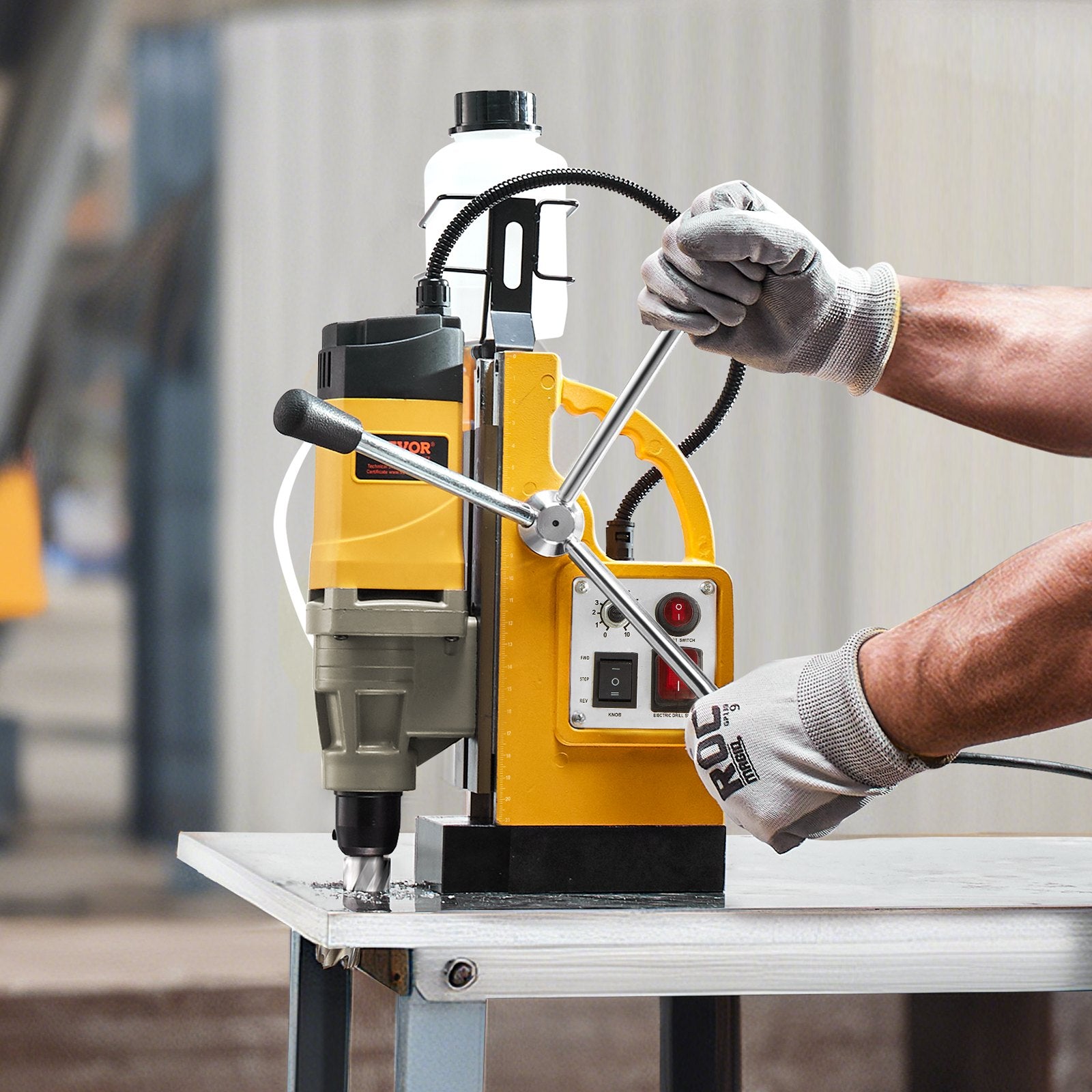 Magnetic Drill 1400W 2 Inch Boring Electric Mag Drill Press 6 Bits Yellow