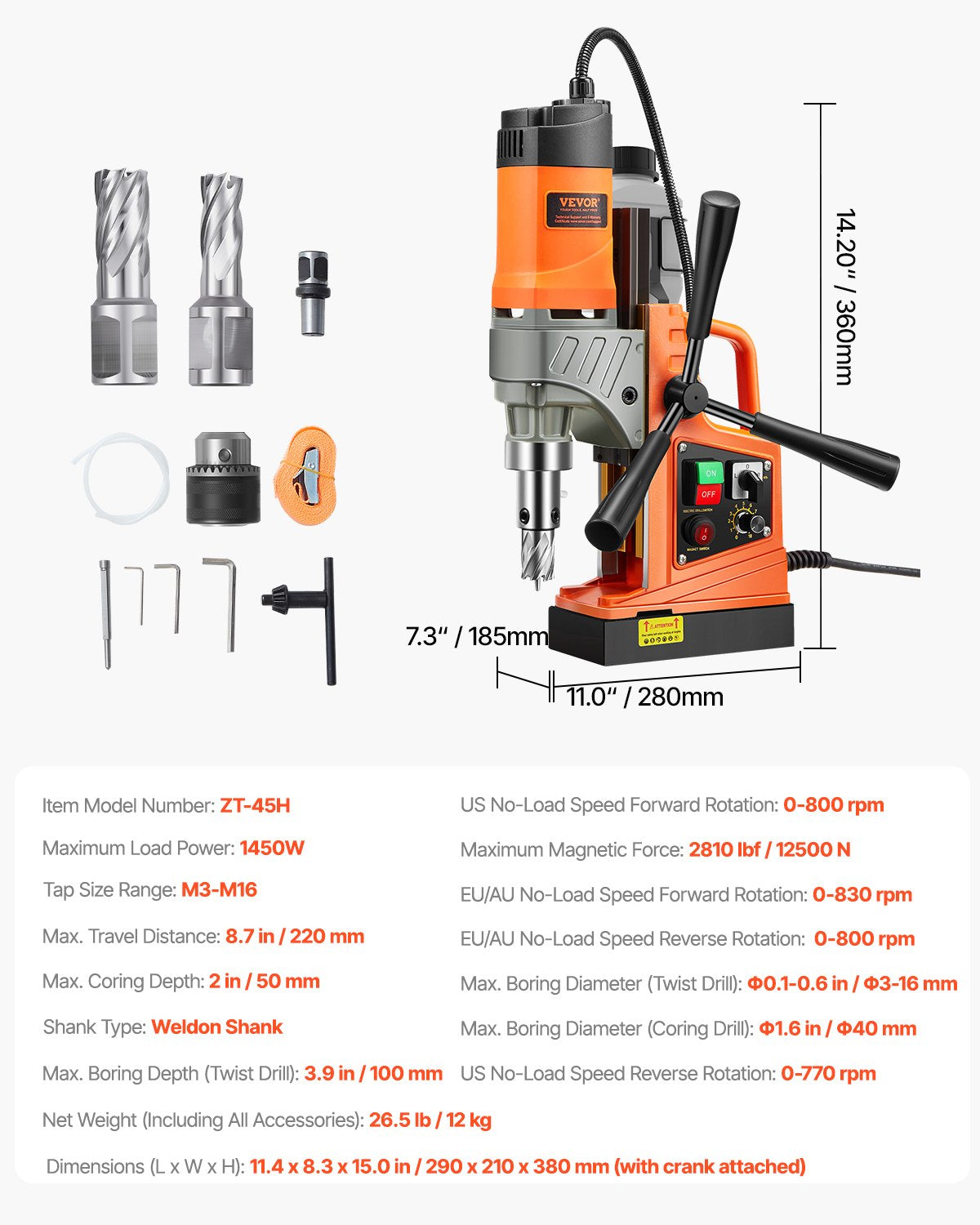 Magnetic Drill 1450W 1.6" Boring Diameter Portable Electric Mag Drill with 2 Bit