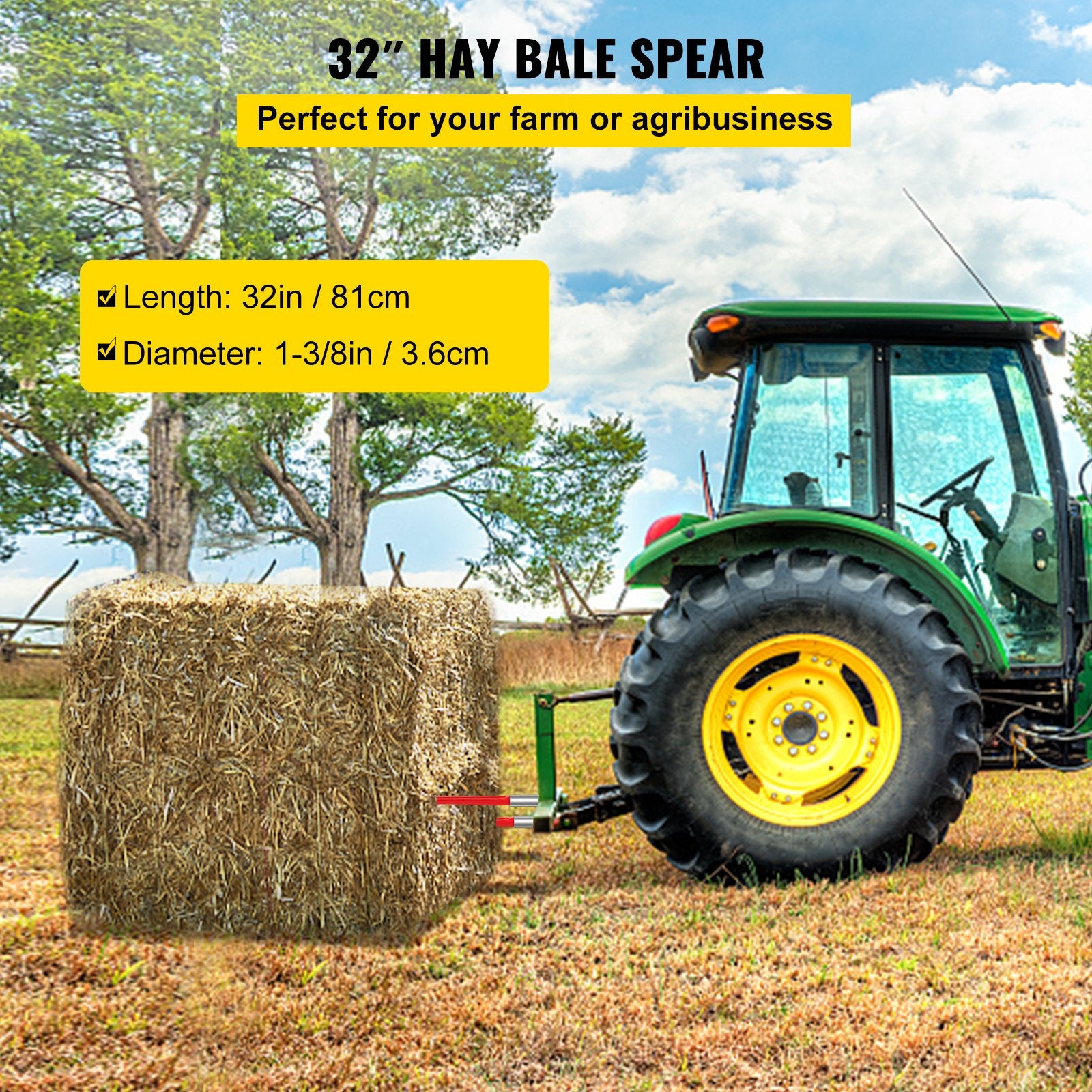 32 Inch Hay Spear Bale Spike 1350 lb Capacity Quick Attach for Tractors