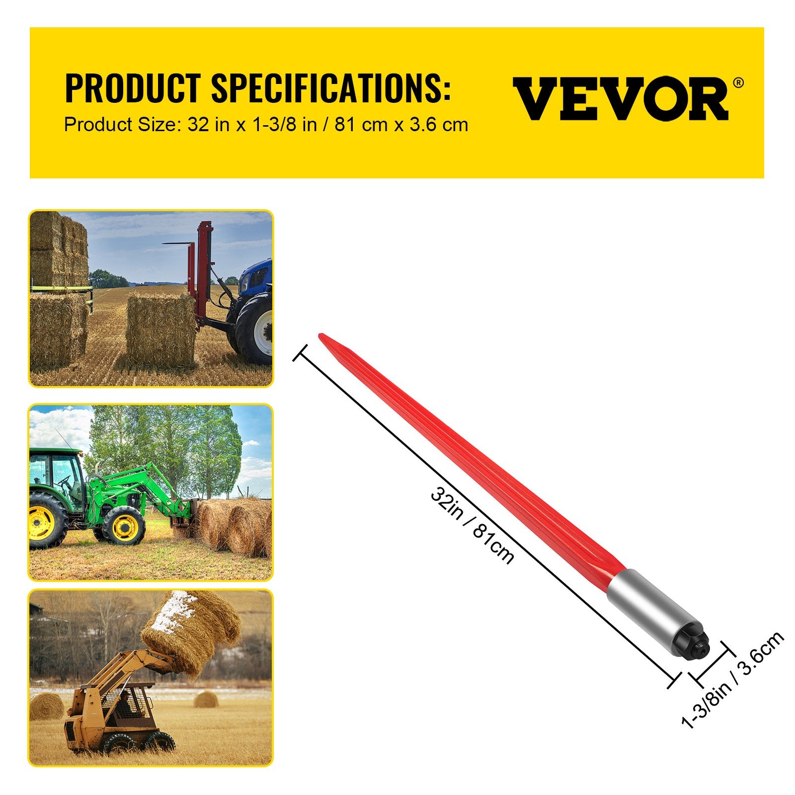 32 Inch Hay Spear Bale Spike 1350 lb Capacity Quick Attach for Tractors