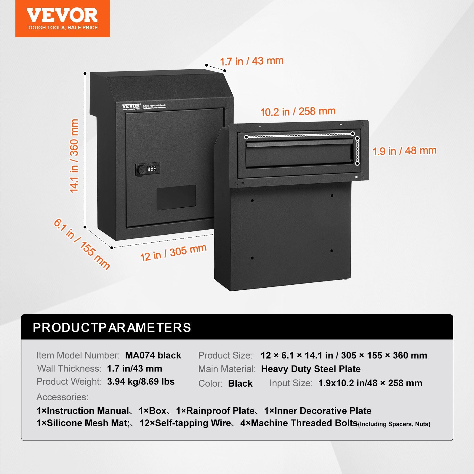 Through The Door Key Drop Box Heavy Duty Steel 12" Combination Lock Black